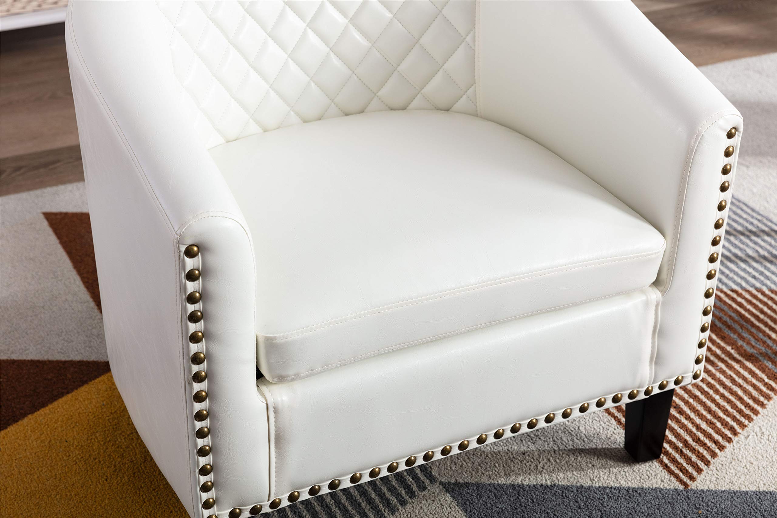 Modern Upholstered Faux Leather Barrel Accent Chair with Solid Wood Legs & Nailhead Trim - Comfortable Club Chair for Living Room, Office, Guest Room & Family Room - White Leather Lounge Chair for Home Decor & Relaxation