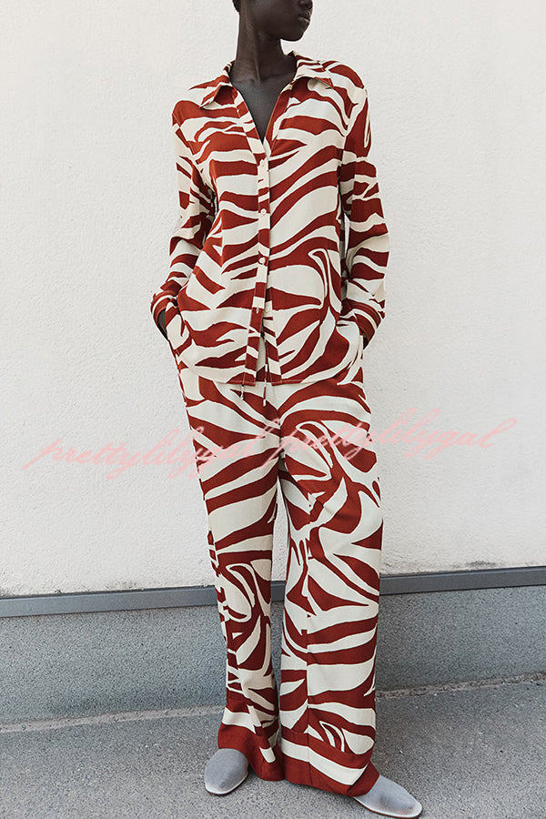 Stylish Printed Lapel Long Sleeve Blouse with Elastic Waist Casual Pants Set - Women's Loose Fit Wide Leg Trousers & Pocket Details for Office, Travel and Everyday Wear