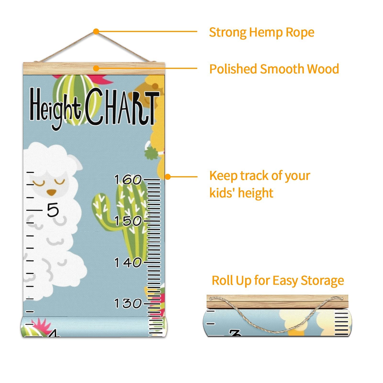 Kids Growth Chart Ruler - Wooden Wall Height Measurement Tool 13.4x56 inches with Linen Finish | Cute Alpaca & Cactus Design for Nursery, Bedroom & Playroom Decor | Perfect for Tracking Child's Growth Milestones