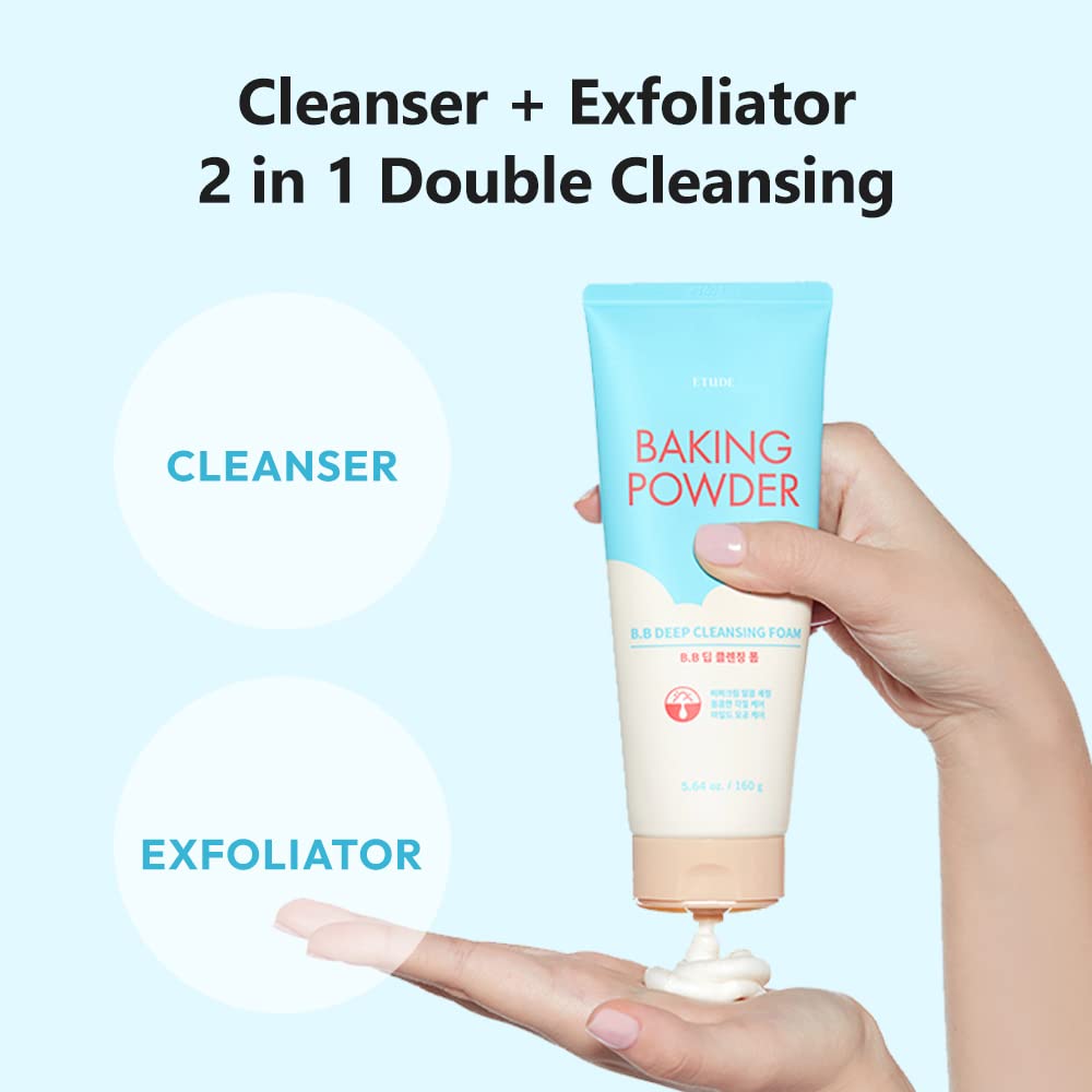 ETUDE Baking Powder B.B Deep Cleansing Foam 5.4 fl.oz (160ml) - Korean Exfoliating Face Wash for Blackheads & Dead Skin Removal | K-Beauty Skincare, Gentle Pore Cleanser, Perfect for Daily Use & Gift Giving