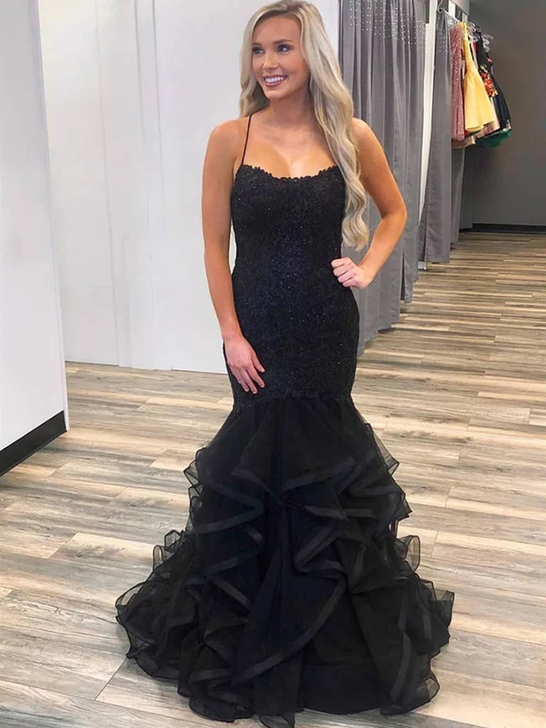 Elegant Black Lace Mermaid Prom Dress with Puffy Skirt - Perfect for Evening Gala, Formal Dance & Special Occasions