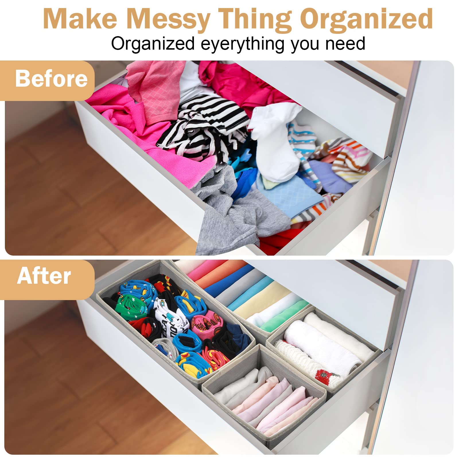 24-Piece Foldable Fabric Dresser Drawer Organizers Set - Gray Storage Bins & Dividers for Bras, Socks, Underwear | Nursery, Closet & Bedroom Organization Solution | Space-Saving Wardrobe Storage Boxes