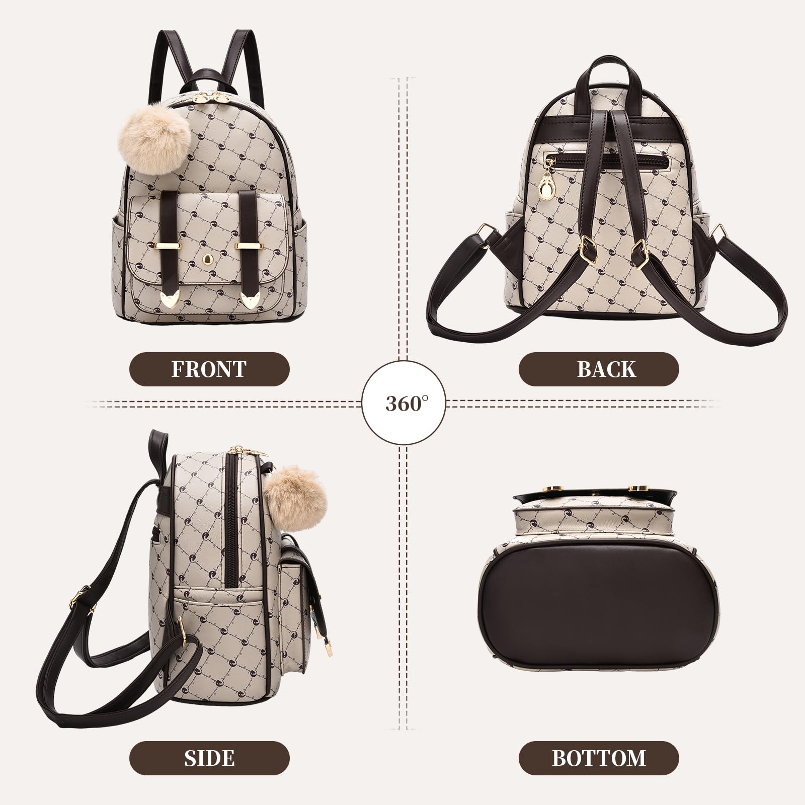 IHAYNER Girls Fashion Backpack - Mini PU Leather Shoulder Bag with Pompom for Women & Teen Girls | School, Travel & Daily Use Cute Purse
