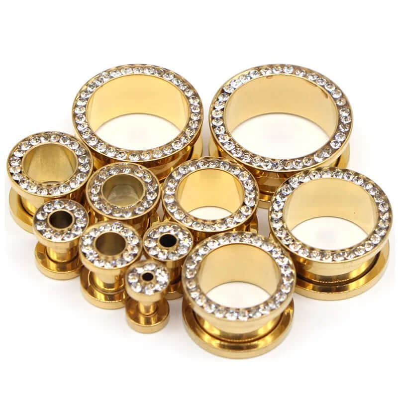Black CZ Hollow Screw Fit Tunnel Plug Set | UZ299 | Stylish Body Jewelry for Ear Stretching & Alternative Fashion