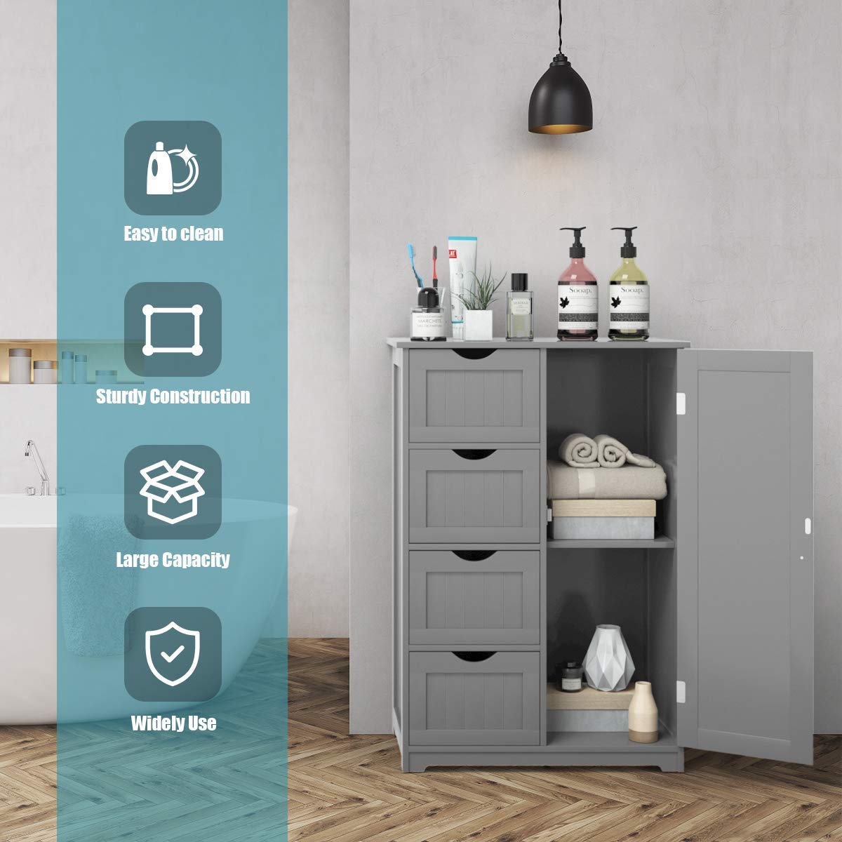 Giantex 4-Drawer Bathroom Storage Cabinet with Cupboard & Adjustable Shelf - Anti-Tip Floor Cabinet for Bathroom, Entryway, Living Room Organization (Gray) | Space-Saving Storage Solution for Towels, Toiletries & Home Essentials