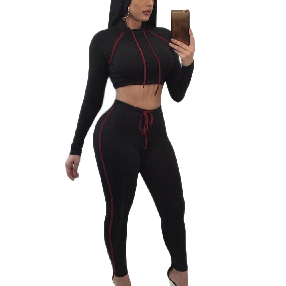 Women's Ribbon Stitching 2-Piece Sweatsuit Set - Long Sleeve Crop Top & High Waist Skinny Sweatpants | Casual Loungewear, Yoga Outfit, Streetwear Fashion