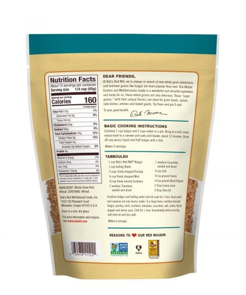 Bob's Red Mill Whole Grain Red Bulgur - 24oz (680g) | Non-GMO, High Fiber, Vegan | Perfect for Salads, Pilafs & Mediterranean Dishes