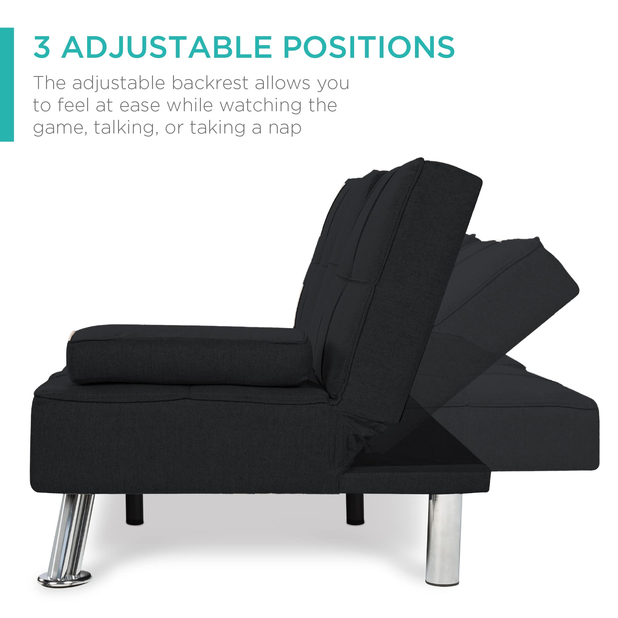 Best Choice Products Modern Folding Futon Sofa Bed - Convertible Linen Recliner for Small Spaces, Apartments & Dorms with Removable Armrests & 2 Cup Holders - Black | Space-Saving Sleeper Solution for Living Rooms, Guest Rooms & Studio Apartments