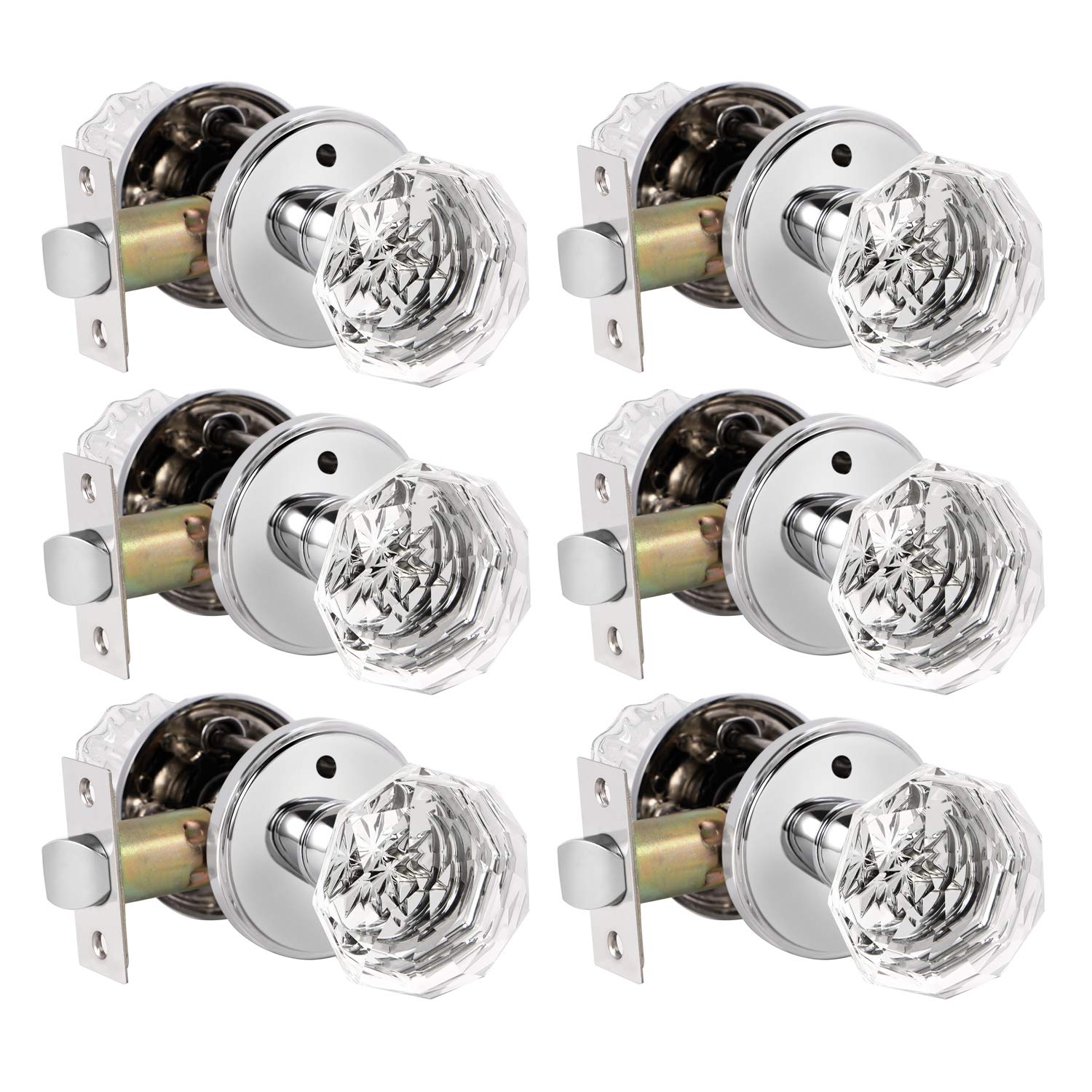 6-Pack Diamond Round Crystal Door Knobs - Privacy Bedroom & Bathroom Door Lock Set - Keyless Interior Glass Door Handles - Modern Polished Chrome Finish - Perfect for Home, Office, and Hotel Renovations