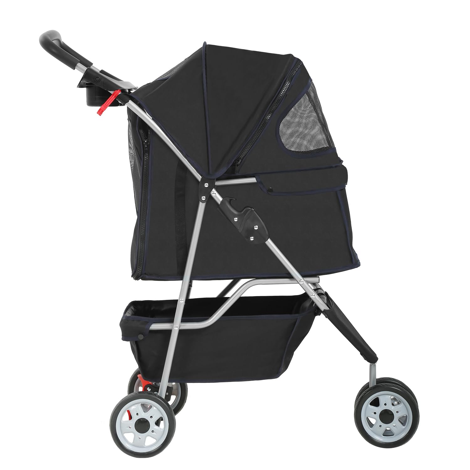 Furniture of America Buddy 3-Wheel Waterproof Folding Pet Stroller with Cup Holder & Mesh Window - Lightweight Travel Carrier for Dogs & Cats - Perfect for Park Walks, Shopping Trips & Outdoor Adventures (Black)
