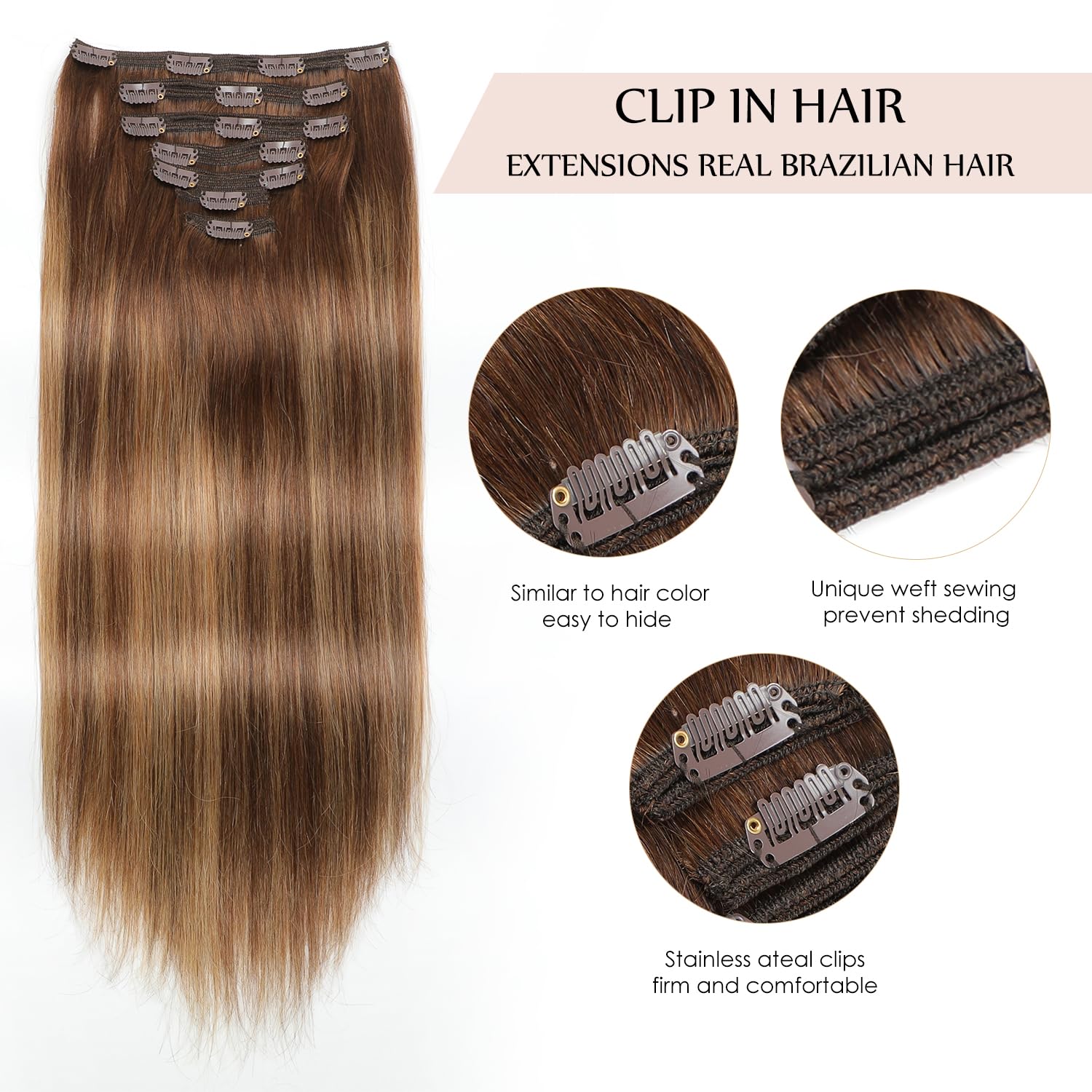 Sisily 24 Inch 180g 7pcs Clip in Human Hair Extensions - Real Remy Human Hair, Chocolate Brown to Caramel Blonde Ombre, Straight Double Weft Hair Extensions for Length & Volume - Perfect for Parties, Weddings & Daily Styling