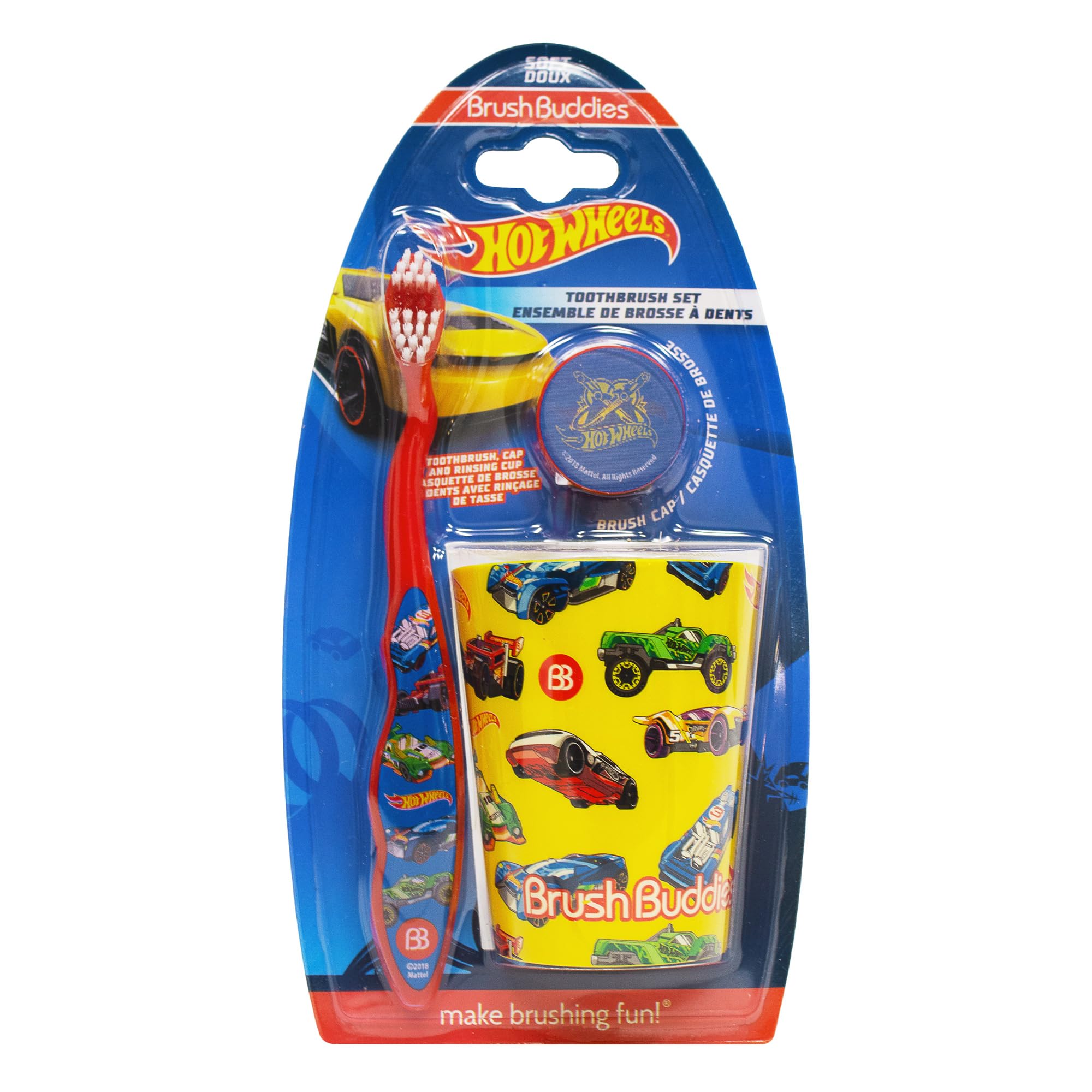 Hot Wheels Kids Toothbrushes Set - 3 Pack Manual Toothbrushes for Toddlers Ages 2-4 | Travel Toothbrush Kit with Protective Cover & Cup | Fun Brushing for Home, School & Vacation