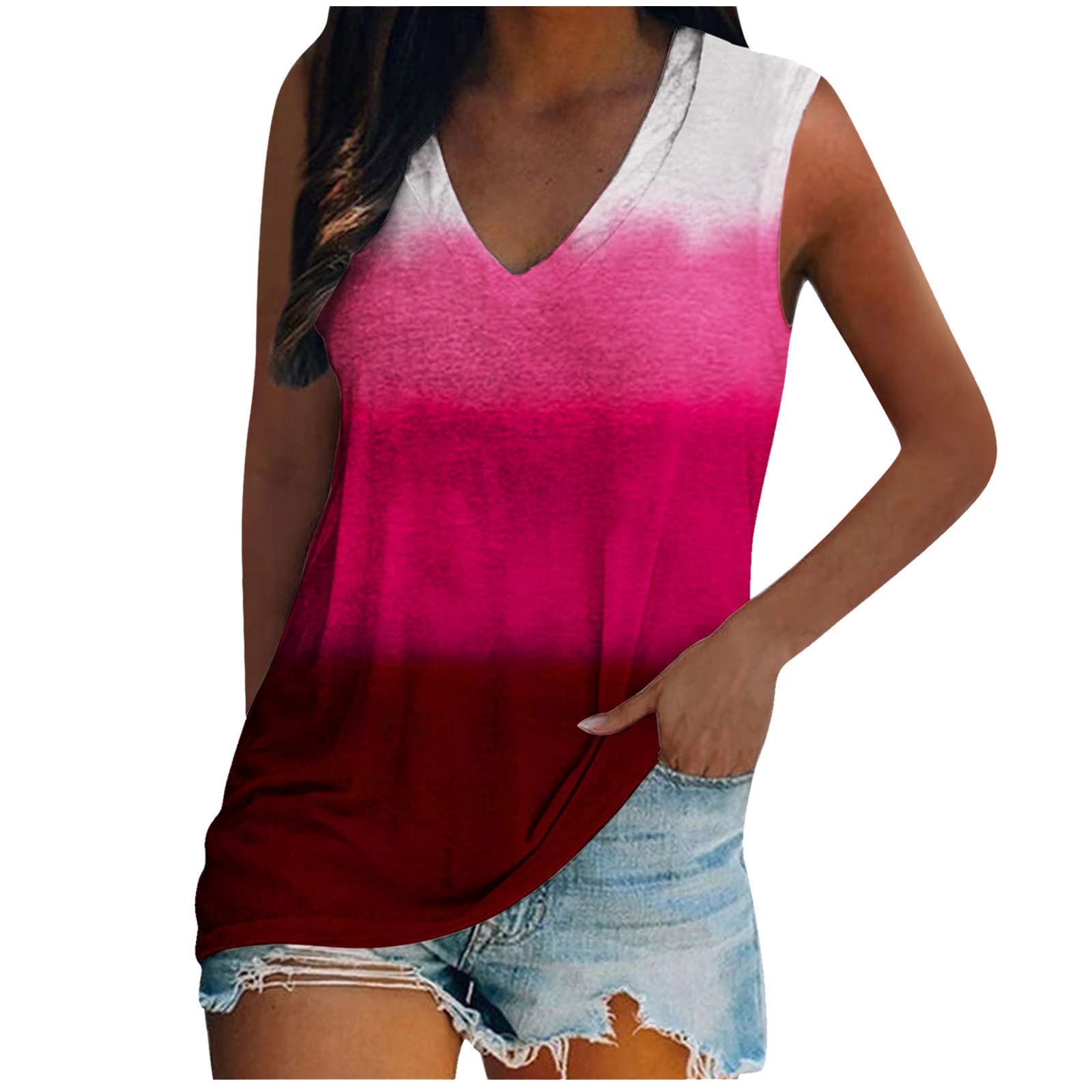 Women's Summer V-Neck Tank Tops - Cute Sleeveless Loose Fit Printed T-Shirts | 4th of July Outfits, Casual Trendy Tops for Beach, Picnic & Summer Vacation