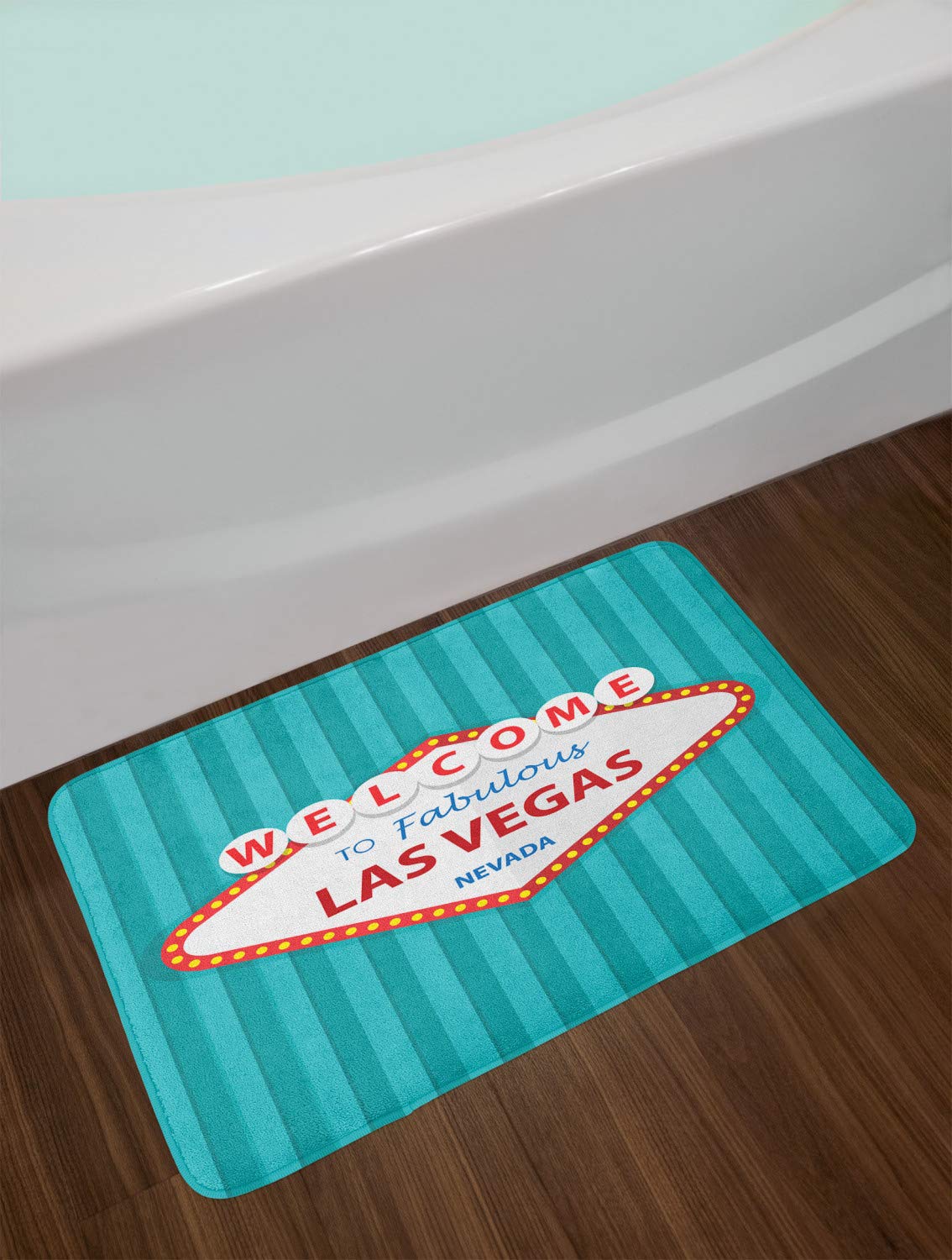 Ambesonne Las Vegas Bath Mat - Non-Slip Plush Bathroom Rug with Nevada City Signboard Design, 30.2 x 20 Inches, Dark Seafoam Red White Stripes | Perfect for Bathroom Decor, Guest Rooms & Vegas-Themed Home Accents
