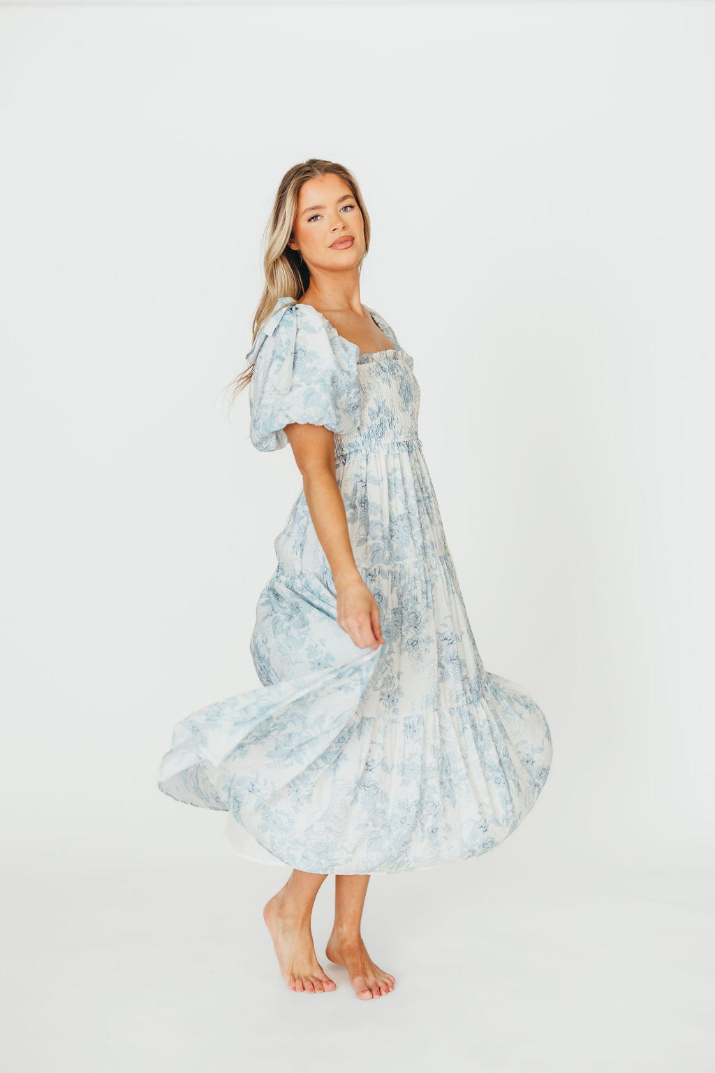 Elena Floral Print Smocked Midi Dress in Blue - Bump Friendly Maternity Dress & Inclusive Sizing for Women - Perfect for Baby Showers, Bridal Events & Summer Weddings