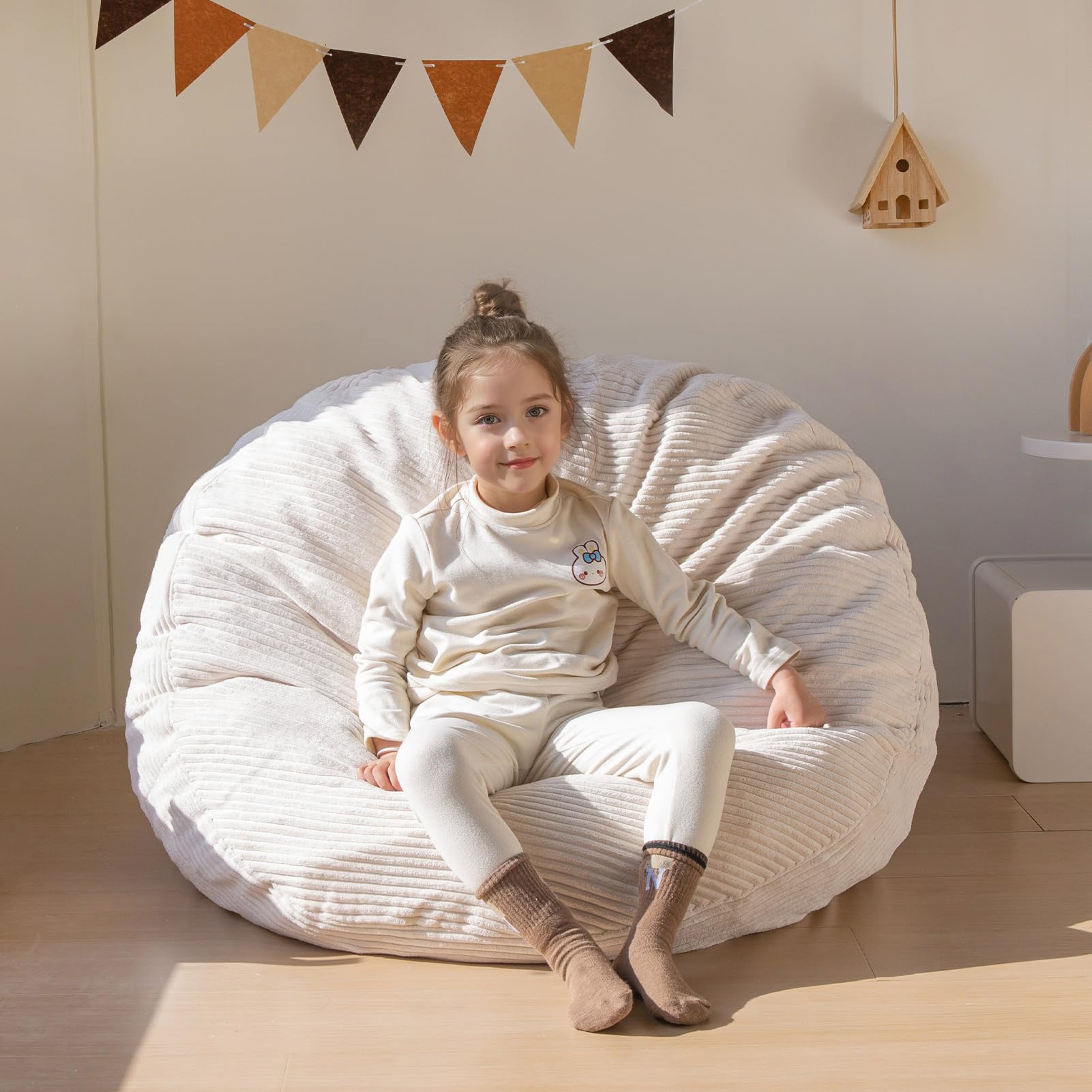 MAXYOYO 3-in-1 Convertible Kids Bean Bag Chair & Bed - Corduroy Round Floor Sofa for Children's Room, Gaming & Reading - Beige | Perfect for Playroom, Bedroom & Dorm Decor