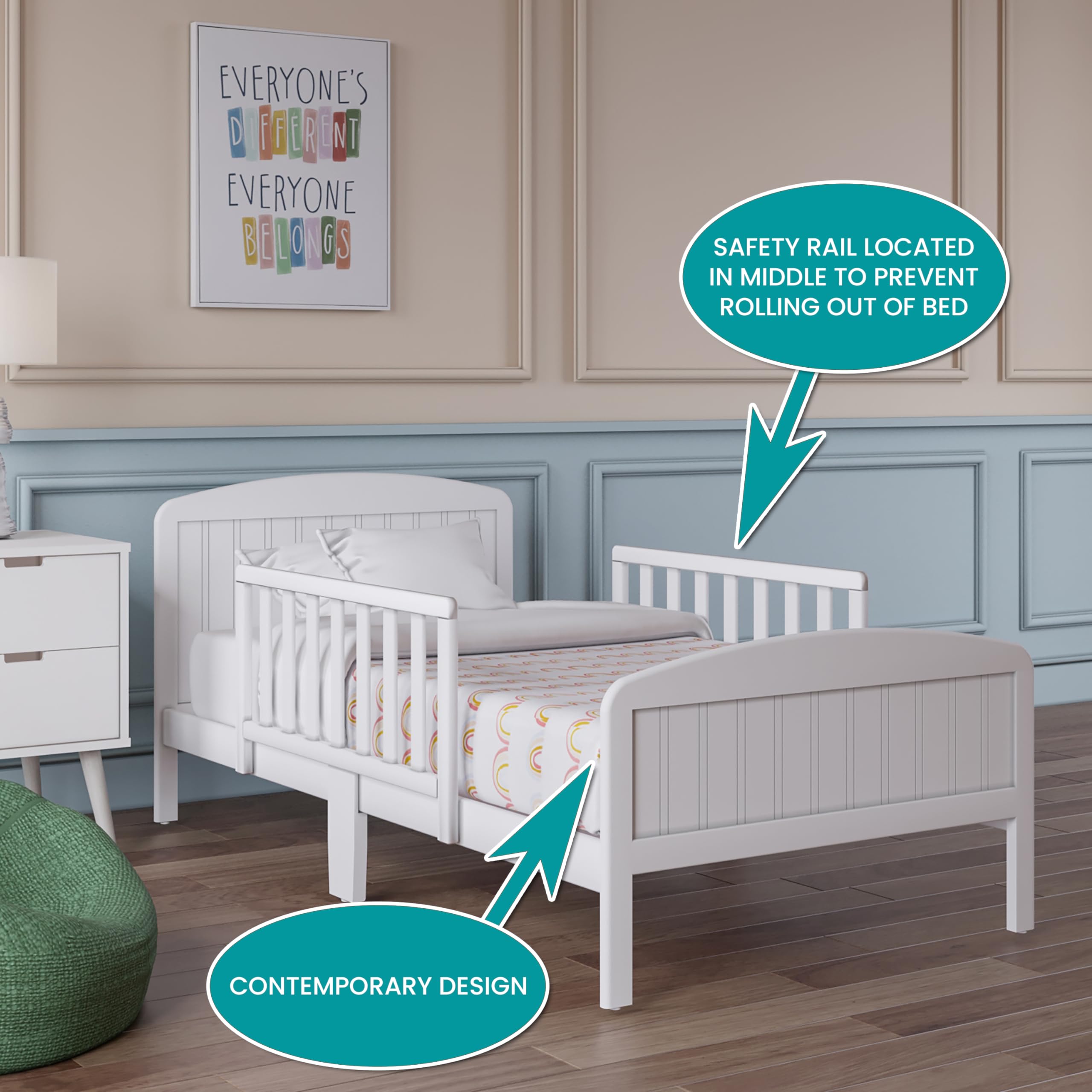 Harrisburg Solid Wood Toddler Bed with Safety Rails - Modern Low Profile Transitional Bed for Kids, Fits Crib Mattress - Perfect for Nursery, Daycare or Small Bedrooms (Warm White)