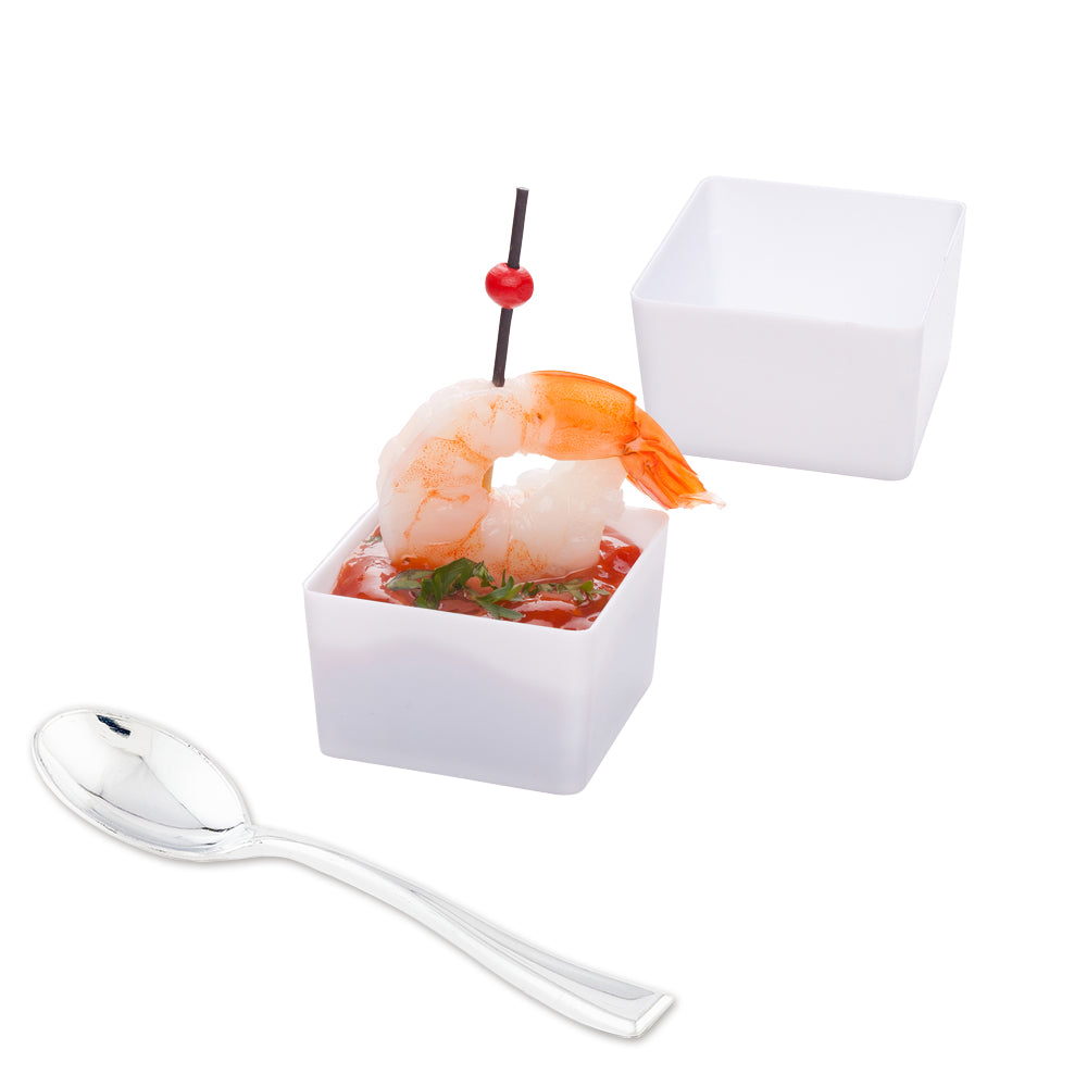 100 Pack 2 oz Square White Plastic Short Quadrato Cups with 100 Silver Mini Plastic Spoons - Perfect for Desserts, Ice Cream, Party Favors, and Catering Events