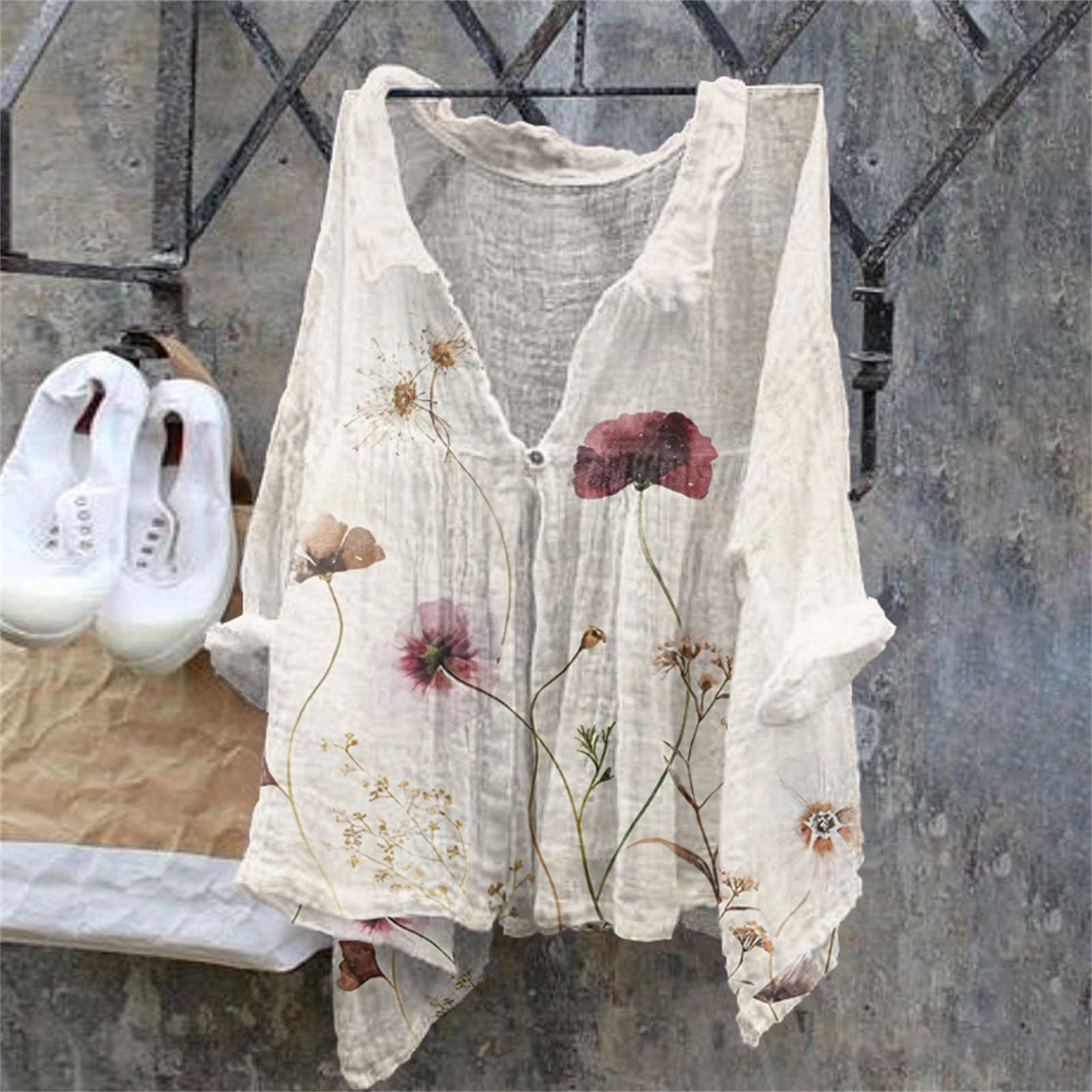 2024 Women's Summer Tops - Casual Linen Floral Printed Short Sleeve Shirts, V-Neck Baggy Tunic Blouses for Beach, Vacation & Everyday Wear
