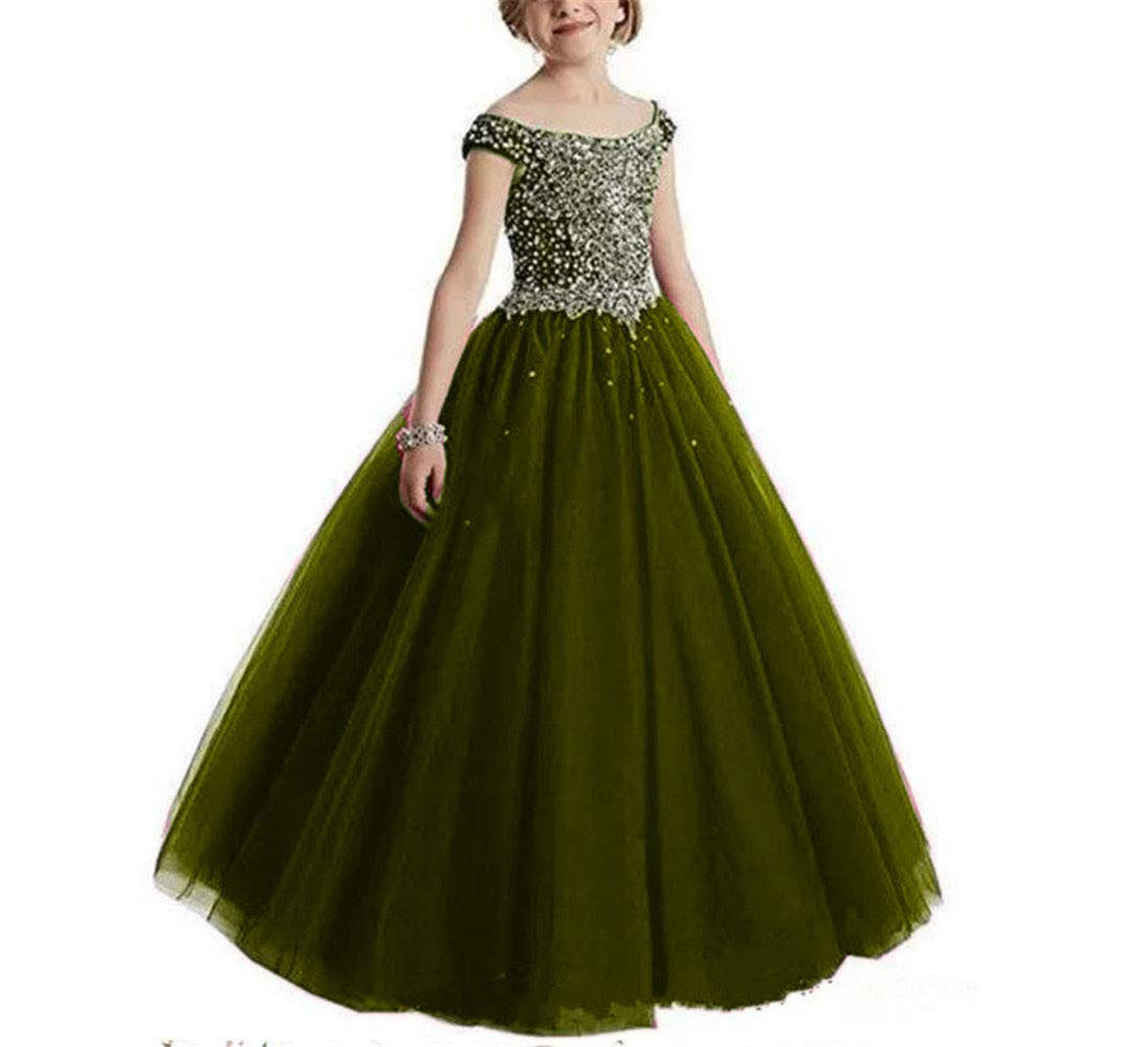 VeraQueen Girls Off Shoulder Beaded Pageant Dress - Cap Sleeve Ruffled Princess Ball Gown for Pageants, Prom, Quinceañera & Special Occasions