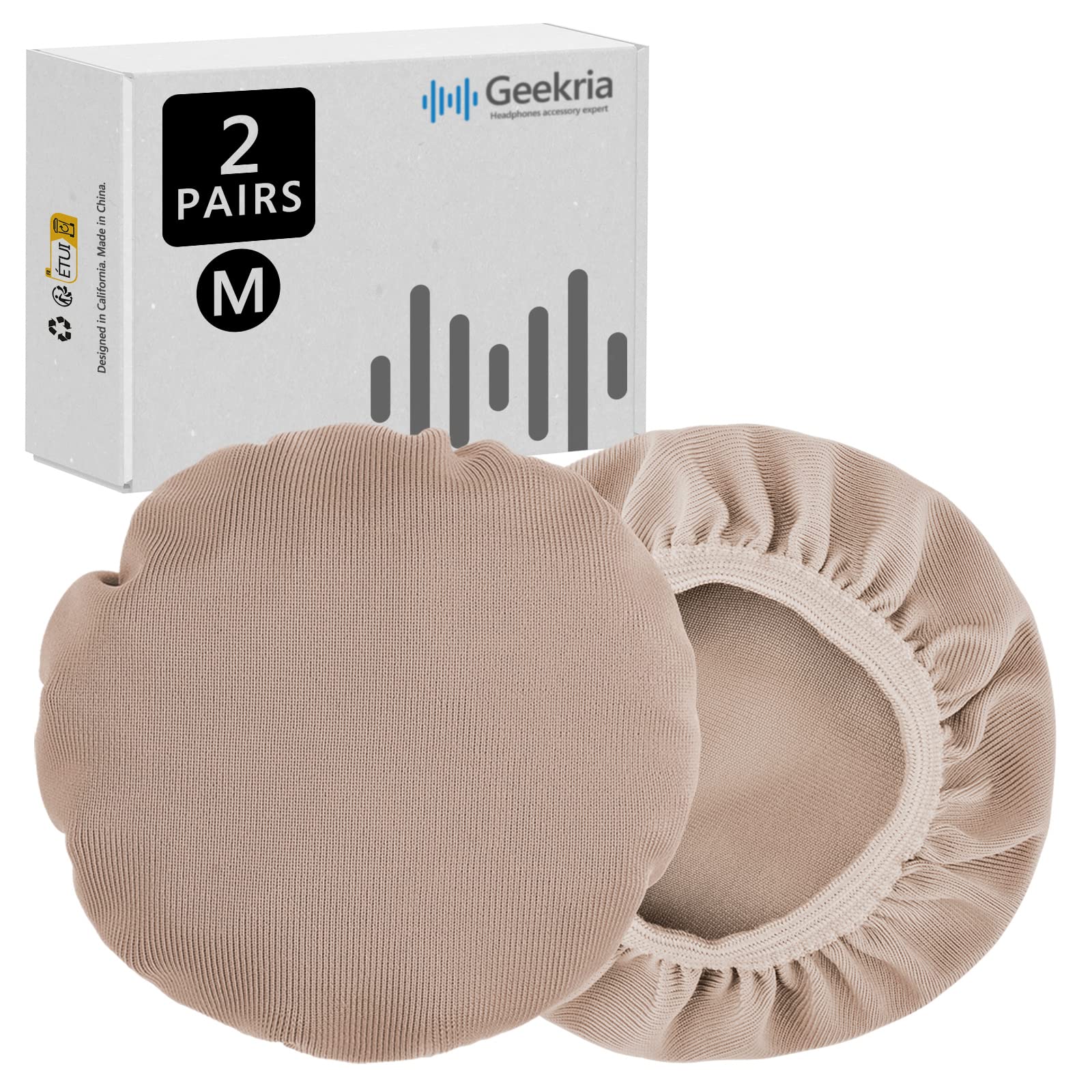 Geekria 2 Pairs Stretchable Headphone Ear Covers - Washable Fabric Earpad Protectors for Over-Ear Headphones, Sweatproof Gym & Gaming Accessories (Size M/Light Brown) - Perfect for Workouts, Gaming Sessions & Daily Use