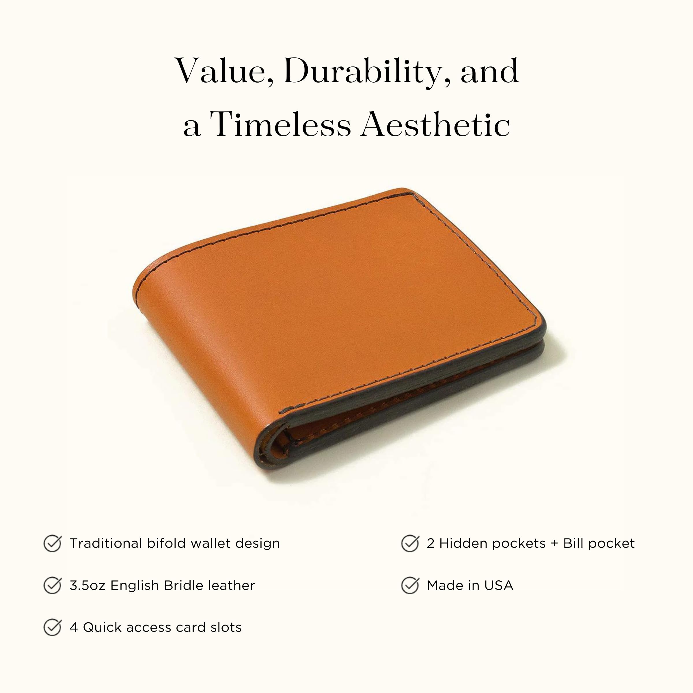 TANNER GOODS Men's Leather Wallet - Bifold Design with 4 Card Pockets & Billfold Slot | Genuine USA-Made Saddle Tan Leather | Perfect for Everyday Carry, Business & Travel