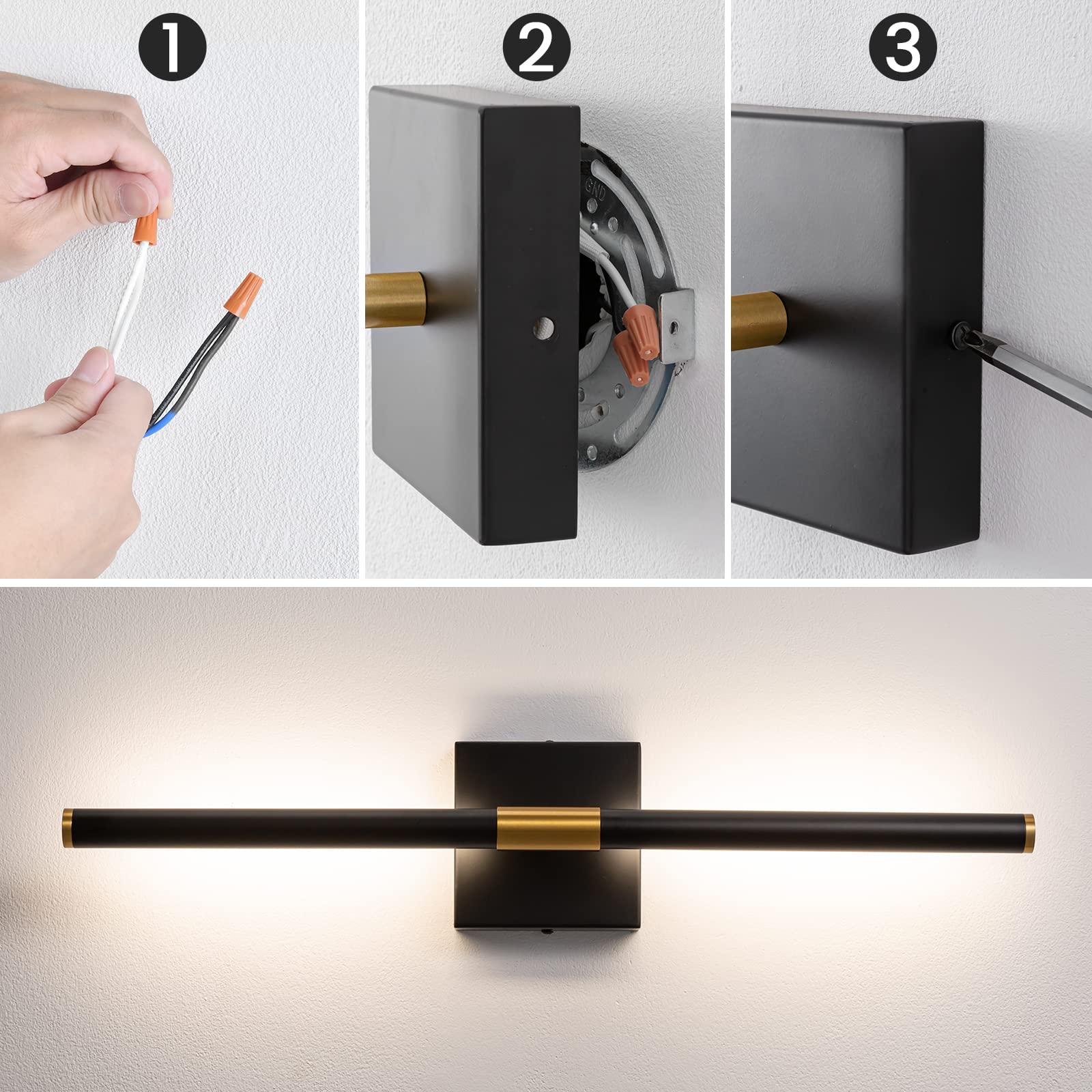 Faziyo 24 Inch Black Gold LED Bathroom Vanity Light - Dimmable Mirror Lighting Fixture, 4000K Modern Wall Sconce for Bathroom & Picture Lights for Paintings | Perfect for Home Decor, Makeup Vanity & Art Gallery Lighting