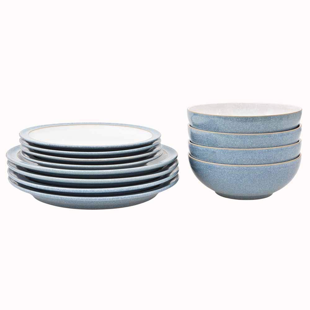 Denby Elements Blue 12-Piece Ceramic Dinnerware Set - Microwave & Dishwasher Safe Plates & Bowls - Elegant Tableware for Everyday Dining & Entertaining