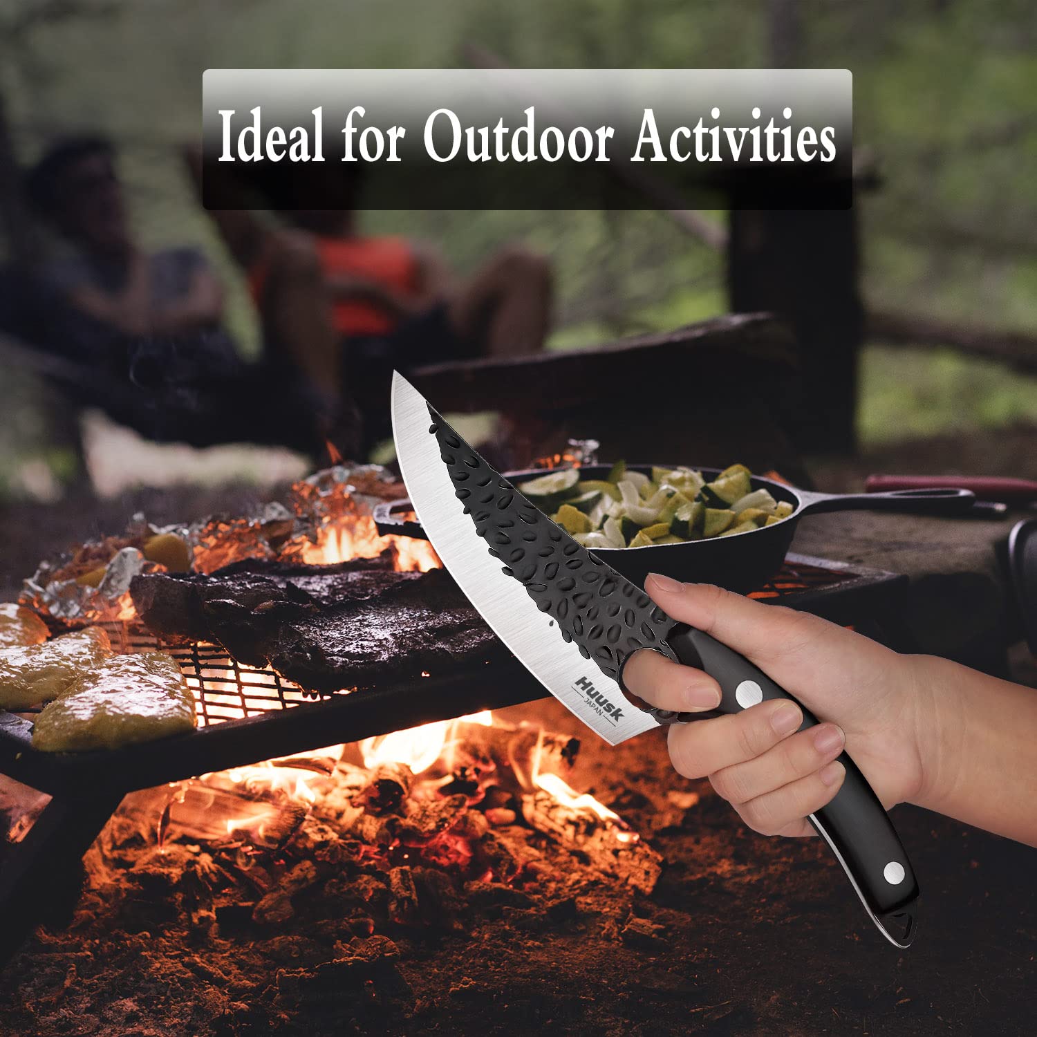 Premium Huusk Chef Knives - Professional Black Meat Cleaver with Sheath | Heavy Duty Outdoor Cooking Knife for Camping, BBQ & Kitchen Use | High Carbon Steel Blade for Meat Cutting & Food Prep