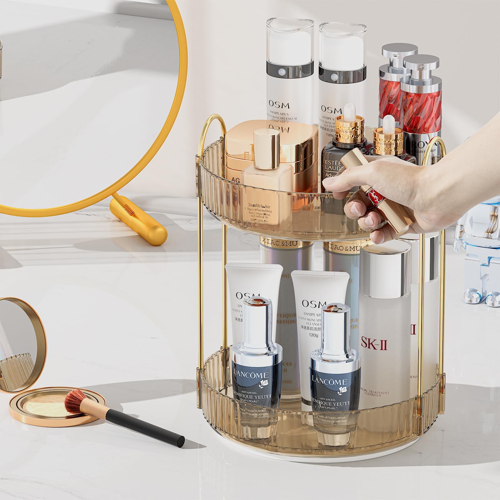 360° Rotating Makeup Organizer with Large Capacity - 2 Tier Amber Cosmetic Storage for Bathroom Counter, Vanity & Travel - Perfect for Makeup, Skincare & Perfume Organization