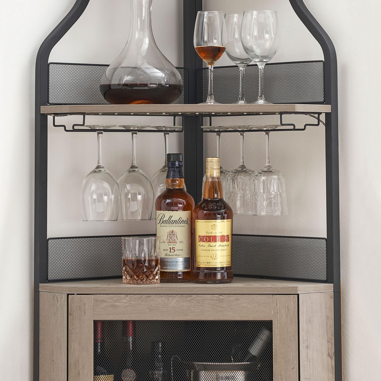 GAOMON 4-Tier Corner Wine Bar Cabinet - Large Storage Space, Removable Wine Rack, Glass Holder & Mesh Door - Grey - Perfect for Home Bar, Kitchen, Dining Room & Entertainment Spaces