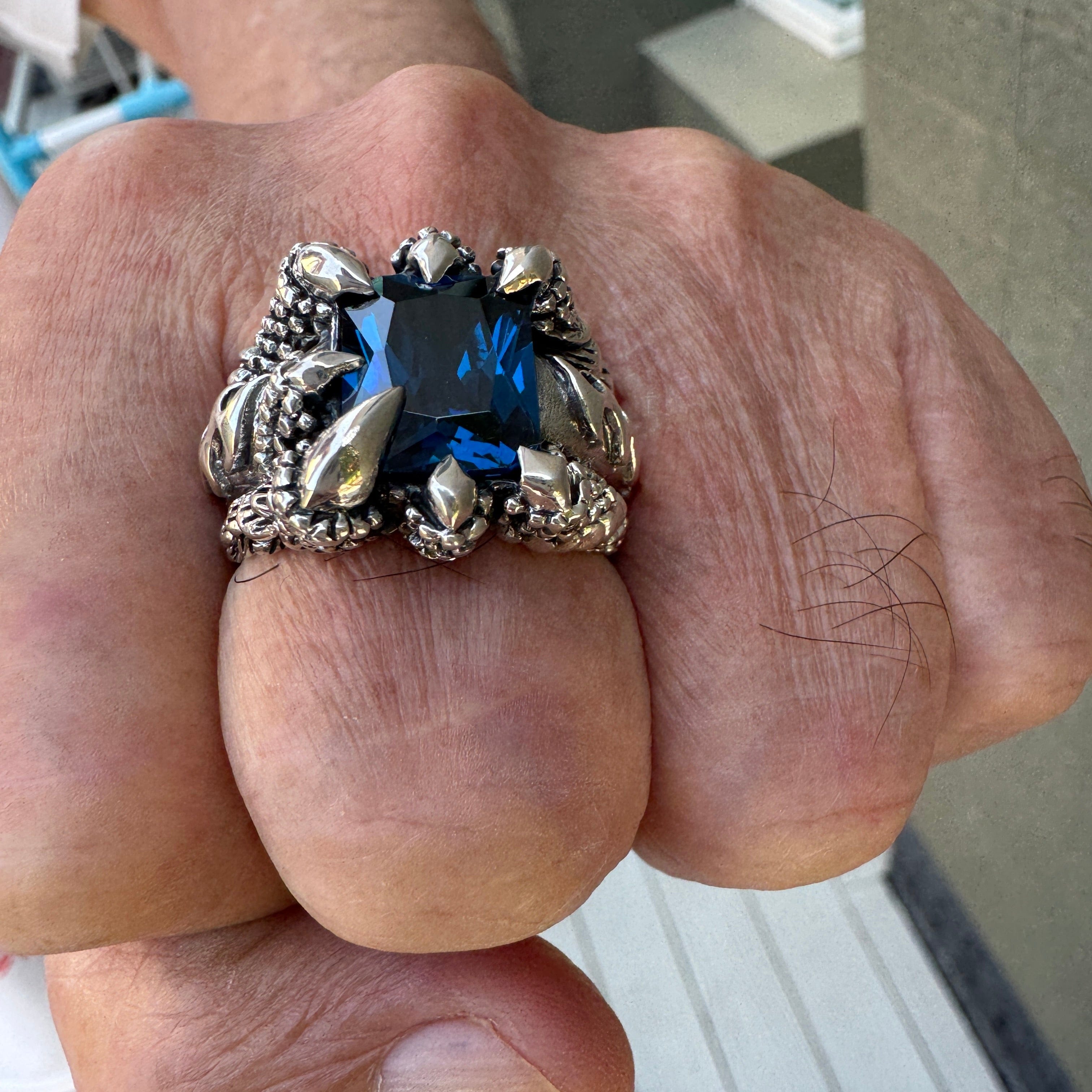 Blue Topaz Flame Blade Eagle Claw Sterling Silver Ring for Men - Elegant Gemstone Jewelry for Gifts, Weddings & Special Occasions