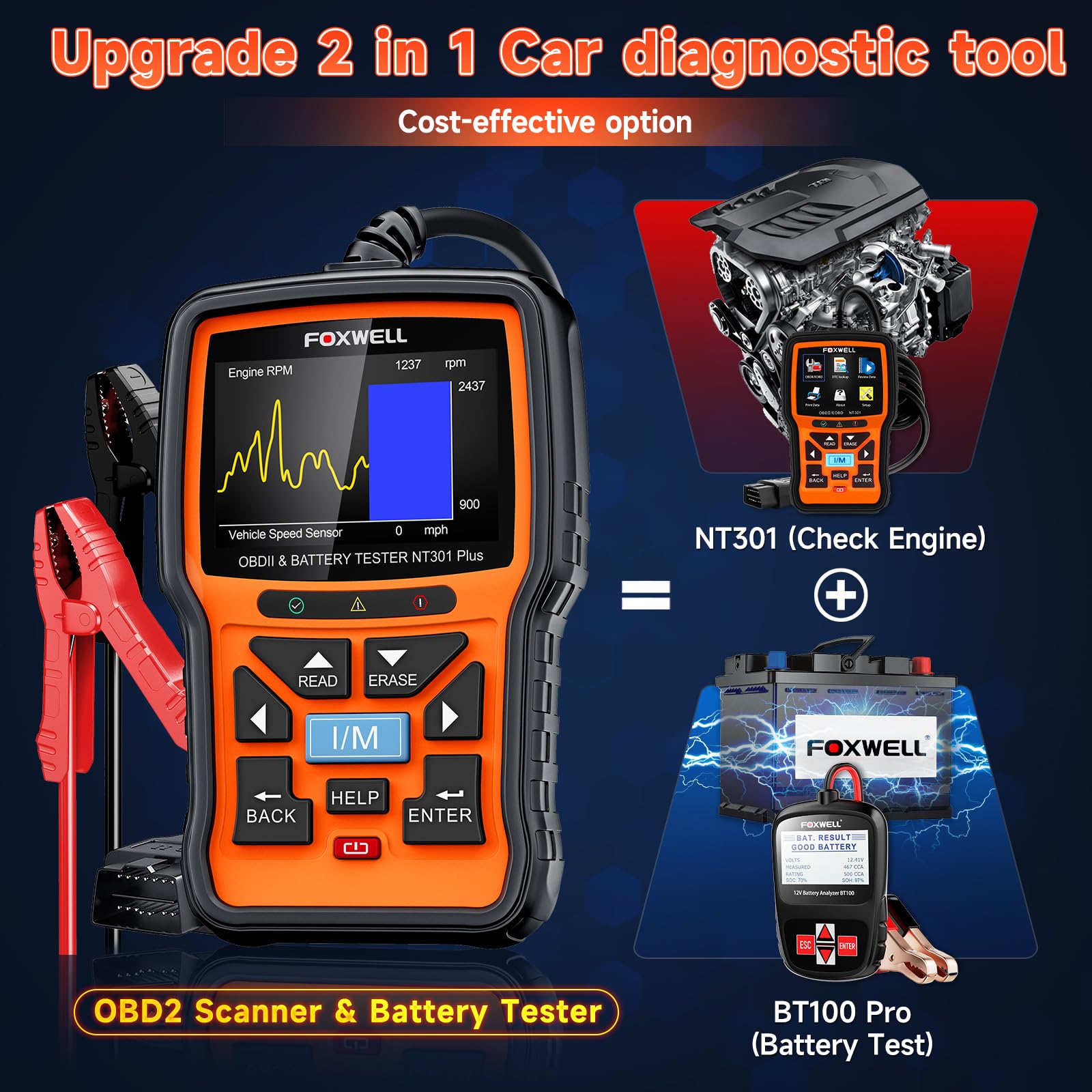 FOXWELL BT100 Pro 12V Car Battery Tester - Automotive Digital Battery Analyzer with NT301 Plus OBD2 Scanner - Perfect for Vehicle Maintenance & Diagnostics