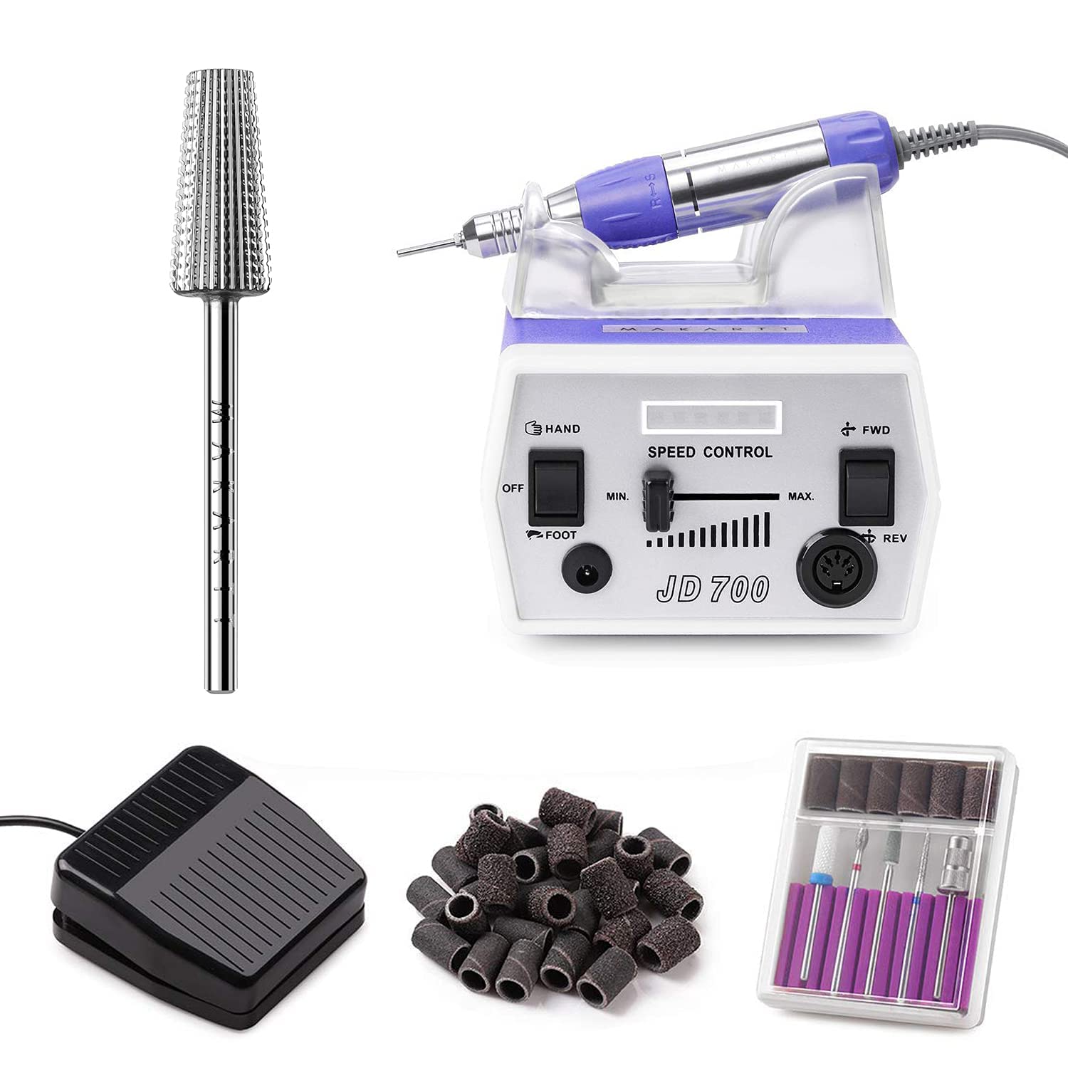 Makartt Professional Electric Nail Drill Machine JD700 with 6 Nail Drill Bits - Fine Efile Bits & Tungsten Carbide Tips for Acrylic, Gel, Dip Powder Nails - Perfect for Home Salon & Professional Nail Technicians