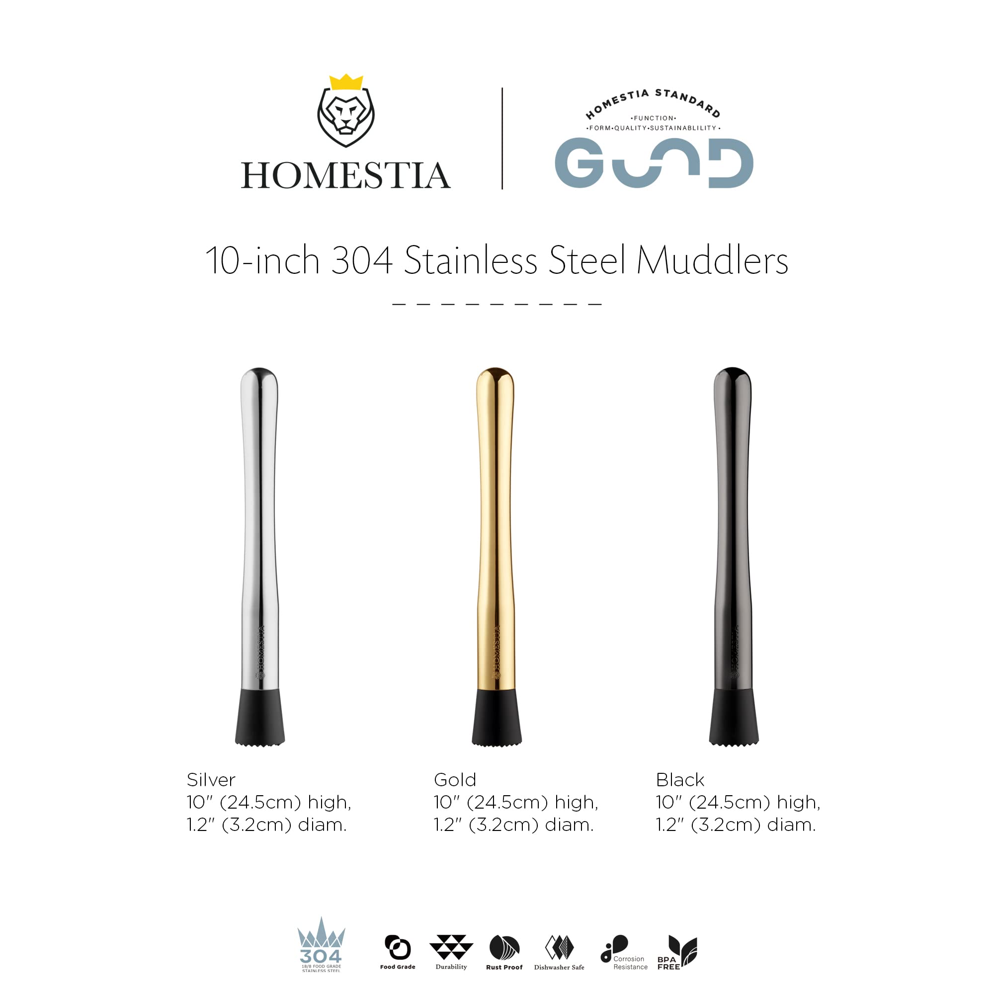Premium 10-Inch Stainless Steel Cocktail Muddler - 304 Grade Bar Tool for Mojitos, Old Fashioned & Fruit Drinks | Durable Home Bar Essential for Mixologists & Entertaining | Perfect for Home Bars, Parties & Professional Bartending