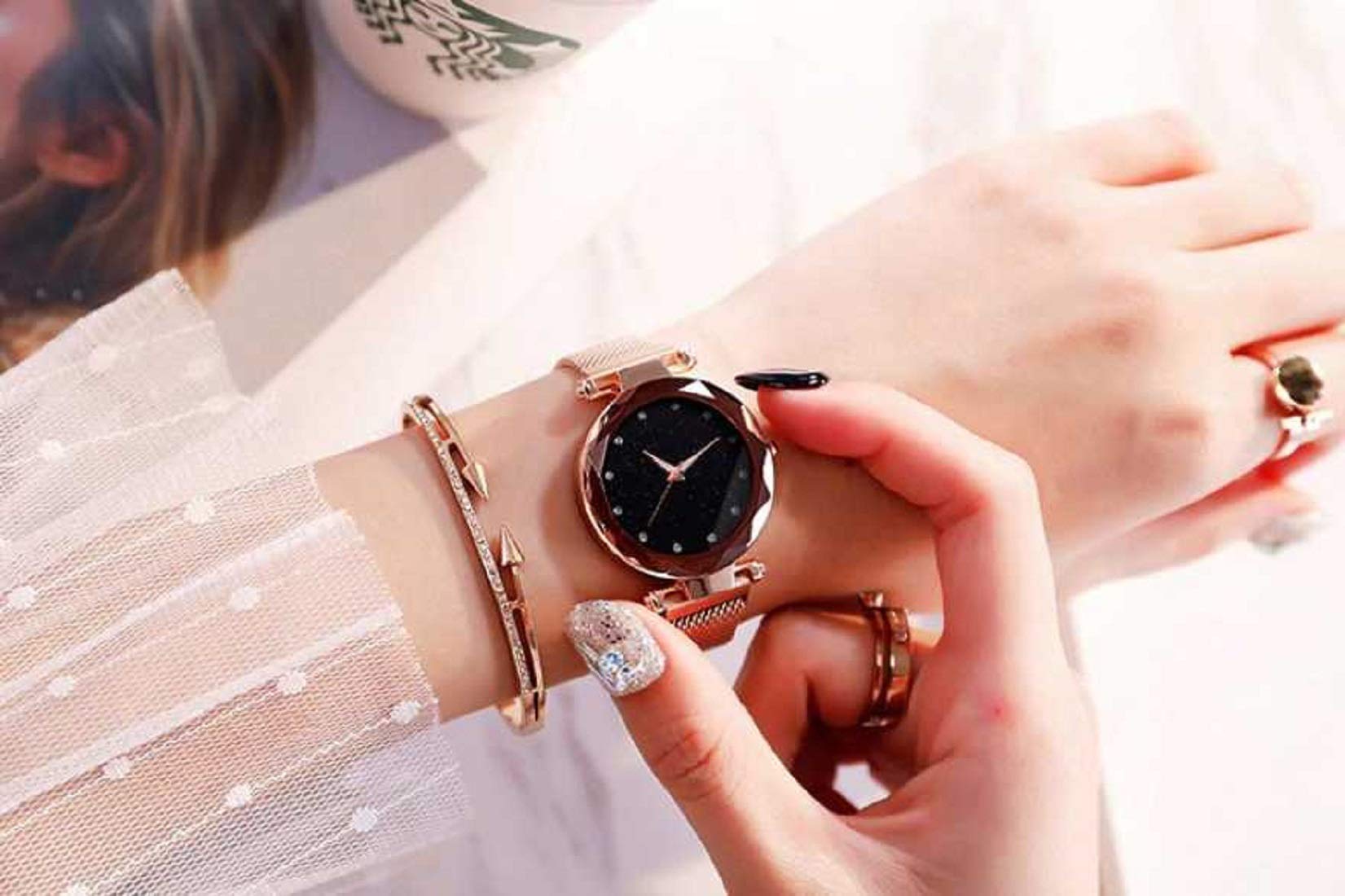 Fuerdanni Women's Luxury Mesh Magnetic Buckle Starry Sky Quartz Watch - Galaxy Black | Elegant Fashion Accessory for Office, Party & Everyday Wear