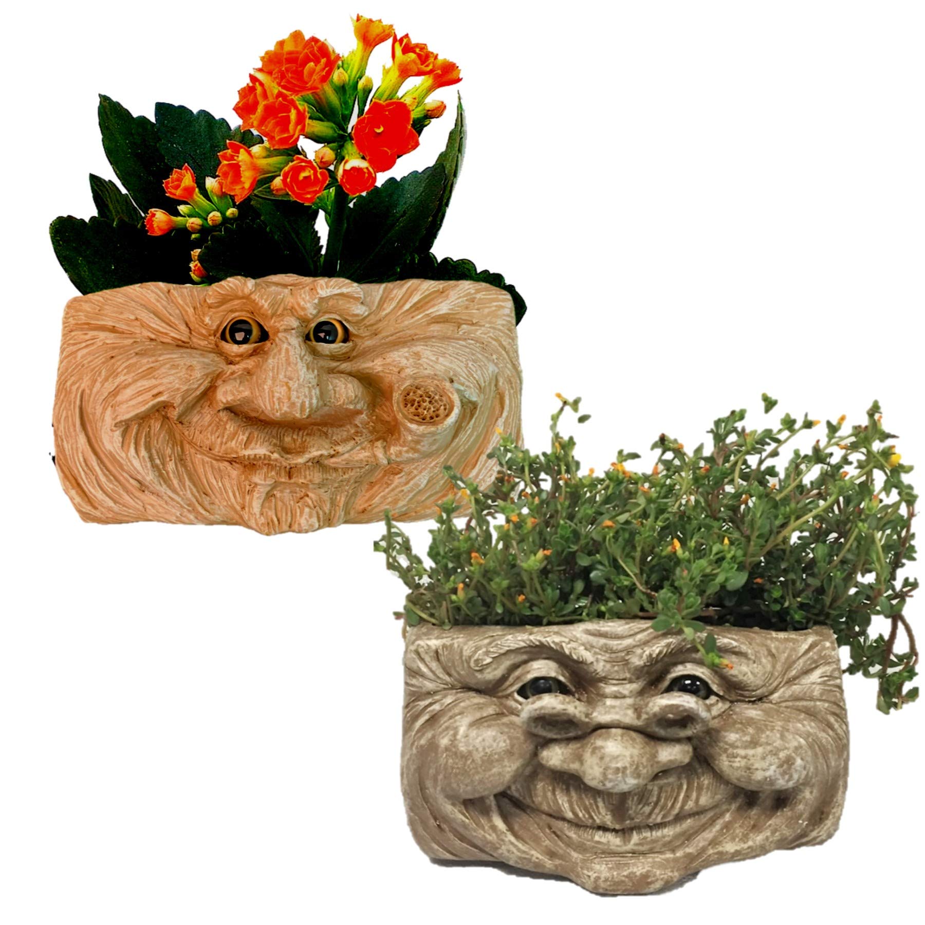 Vintage Stone Wash Face Statue Planter for Tree & Patio - Old Hickory & Violet Design - Perfect for Garden Decor, Wall Hanging, and Outdoor Greenery Display