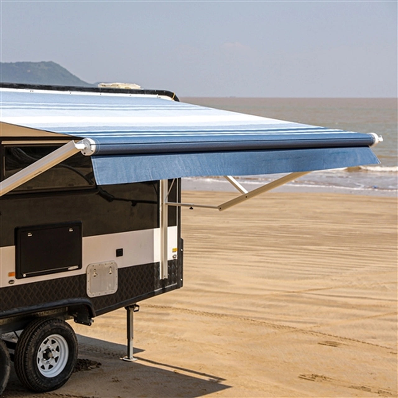 10 x 8 Feet Aleko Motorized Retractable RV Awning - Blue Striped Canopy for Camping & Outdoor Shade | Perfect for RVs, Trailers & Patio Use