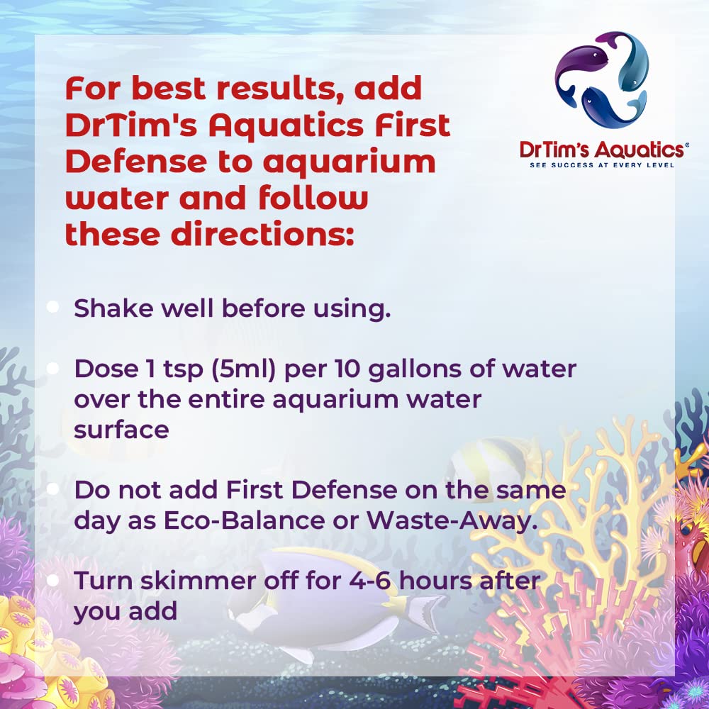 DrTim's Aquatics First Defense for Reef Aquariums - Stress Relief & Immune Support with Vitamins & Immunostimulants for Saltwater Fish - 32 oz Bottle - Perfect for Coral Reef Tanks, Marine Fish Health & Water Quality Maintenance