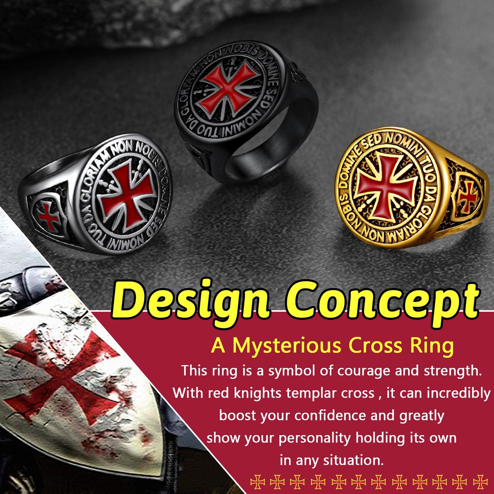 FaithHeart Templar Rings for Men, Stainless Steel Crusader Cross Biker Ring - Perfect for Gifts & Medieval Style Lovers