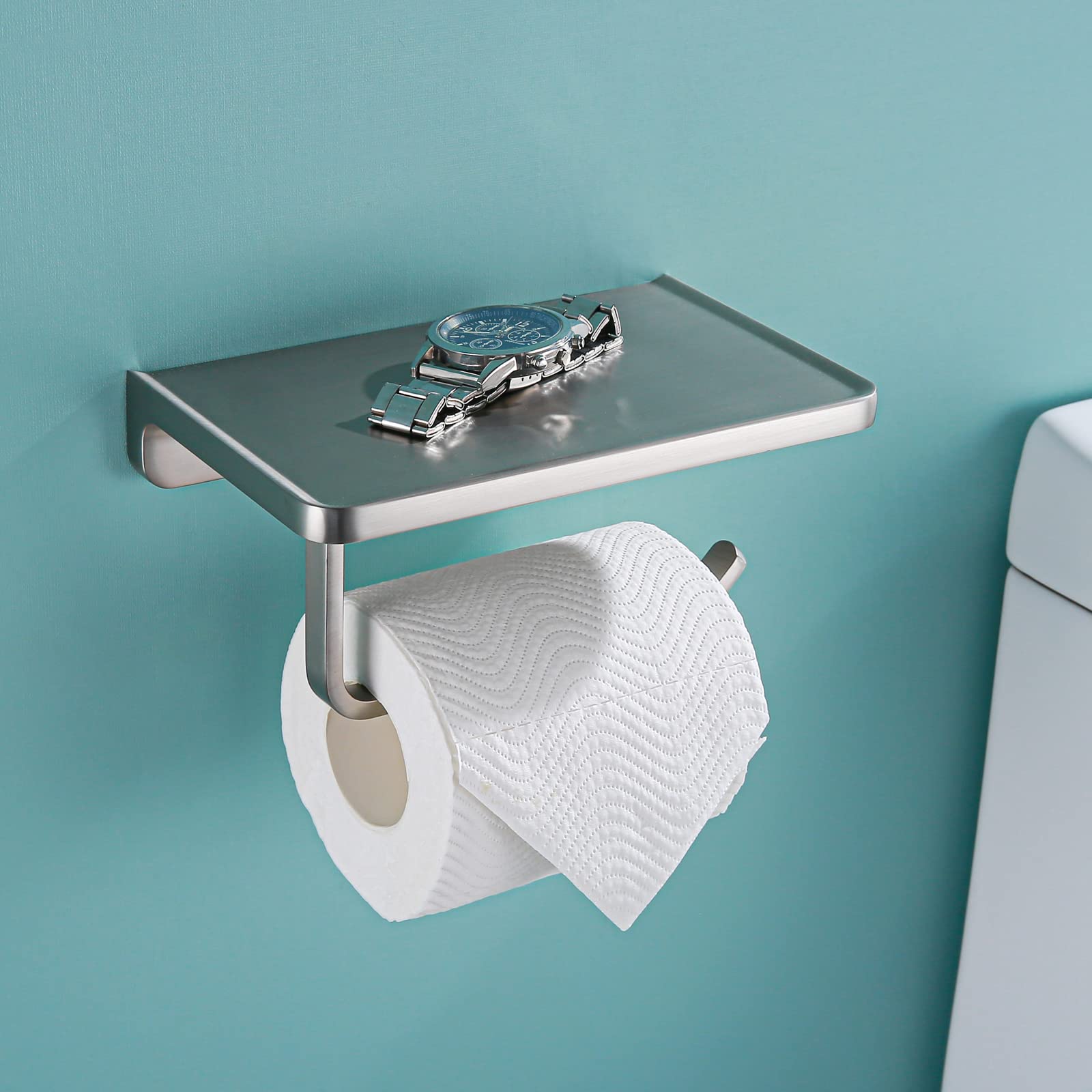 Brushed Nickel Toilet Paper Holder with Shelf - Solid Metal Wall Mounted Toilet Paper Dispenser for Bathroom, Kitchen, or Office - RD93008-BN