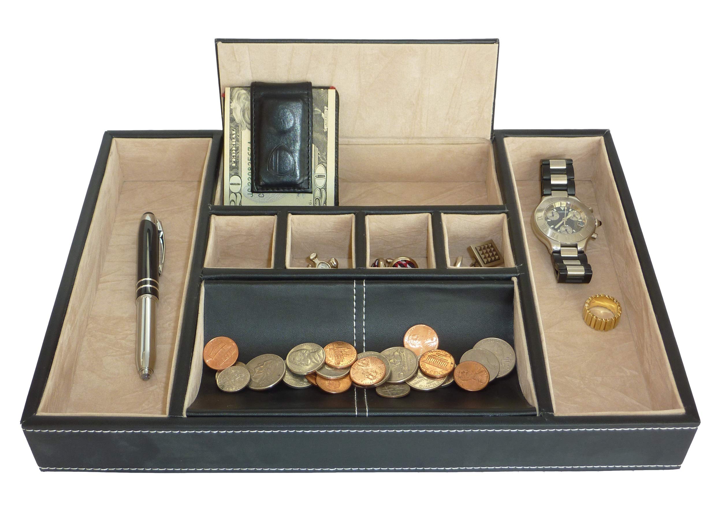 Black Leatherette Valet Tray - Desk & Dresser Drawer Organizer for Keys, Phone, Jewelry, Watches, Coins & Accessories | Perfect for Home Office, Bedroom & Father's Day Gifts