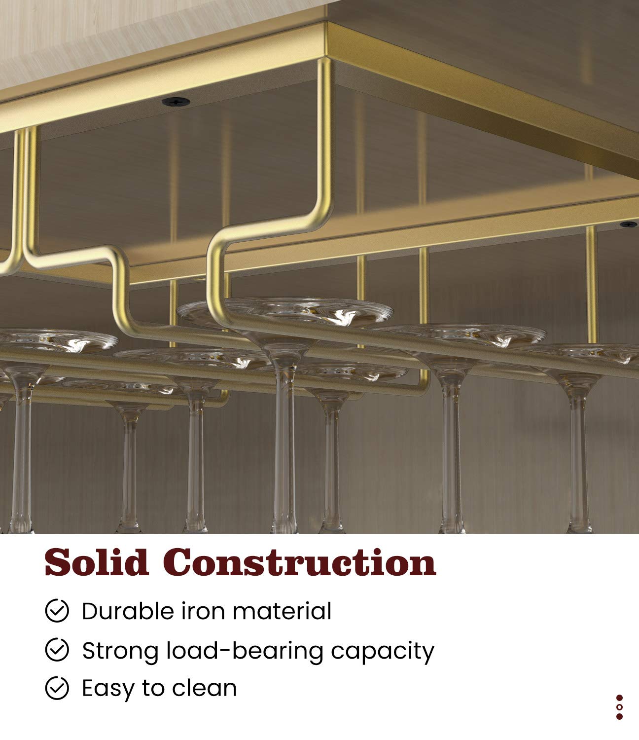 Nuovoware 4-Tier Under Cabinet Wine Glass Holder - Metal Stemware Rack Organizer for Bar & Kitchen Storage (Nano Gold) - Perfect for Hanging Wine Glasses, Champagne Flutes & Cocktail Cups in Home Bars, Restaurants & Wine Cellars