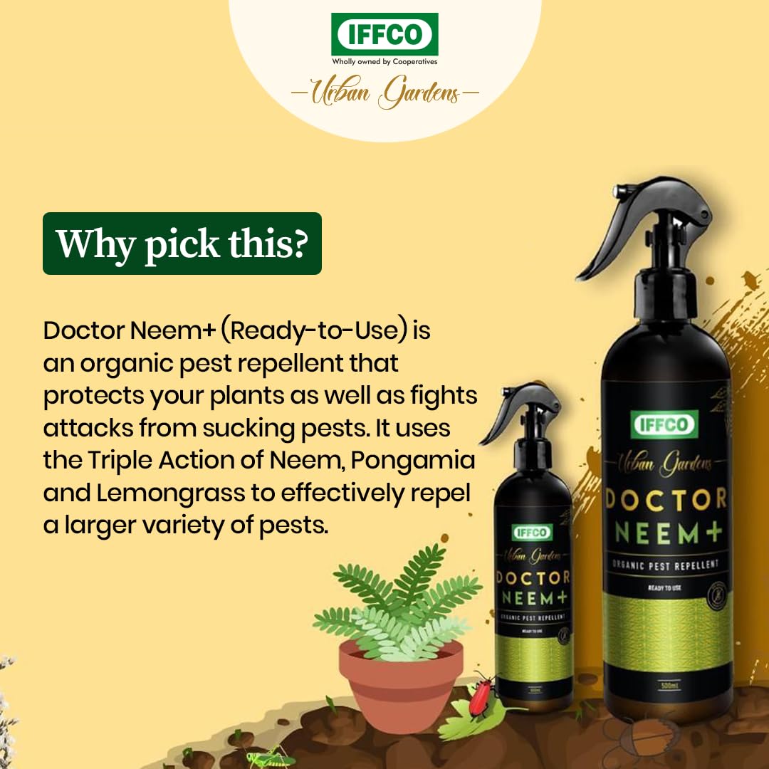 IFFCO Urban Gardens - Doctor Neem+ 500ml Organic Pest Control Spray - 3-in-1 Neem, Pongamia & Lemongrass Oil Formula - Kills Mealy Bugs & Fungus - Safe for Indoor & Outdoor Plants - Perfect for Home Gardens, Potted Plants & Greenhouses