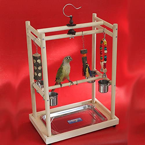 YZJC 40X26X50cm Wooden Parrot Playstand - Bird Training Perch Gym with Stainless Steel Feeding Cups | Durable Bird Toys & Accessories for Parakeets, Cockatiels, Conures | Perfect for Playtime, Exercise & Training at Home