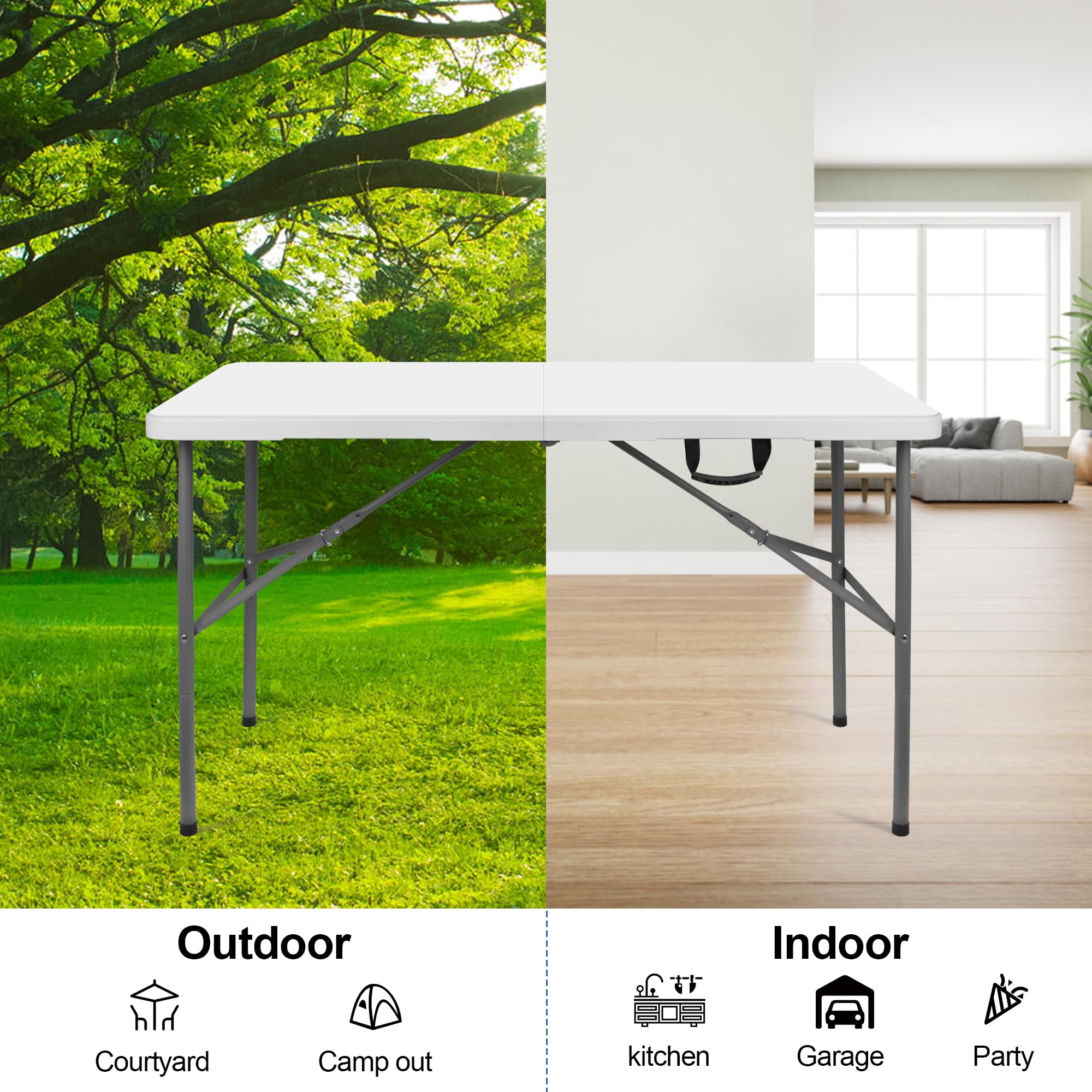 4 ft Portable Folding Table - Lightweight HDPE Plastic Camping Table with Carrying Handle & Locking Legs | Perfect for Indoor Outdoor Use, Picnics, BBQs, Board Games, Tailgating & Backyard Parties (White)