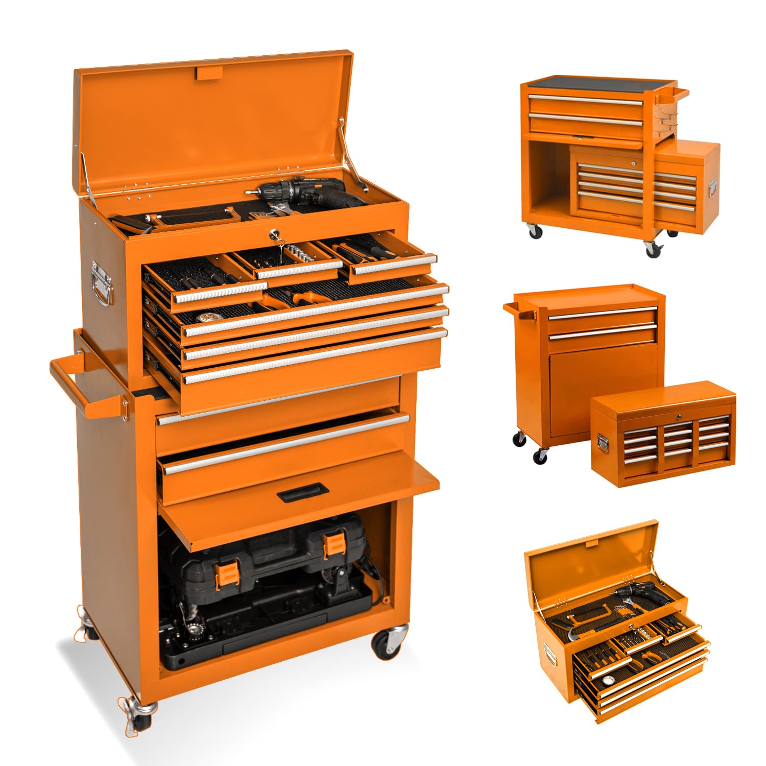 8-Drawer High Capacity Rolling Tool Chest with Lock - Heavy Duty Tool Storage Cabinet on 4 Wheels, Sliding Drawers & Removable Portable Tool Box for Garage, Workshop & Warehouse (Orange) - Perfect for Mechanics, DIY Projects & Professional Tool Organization