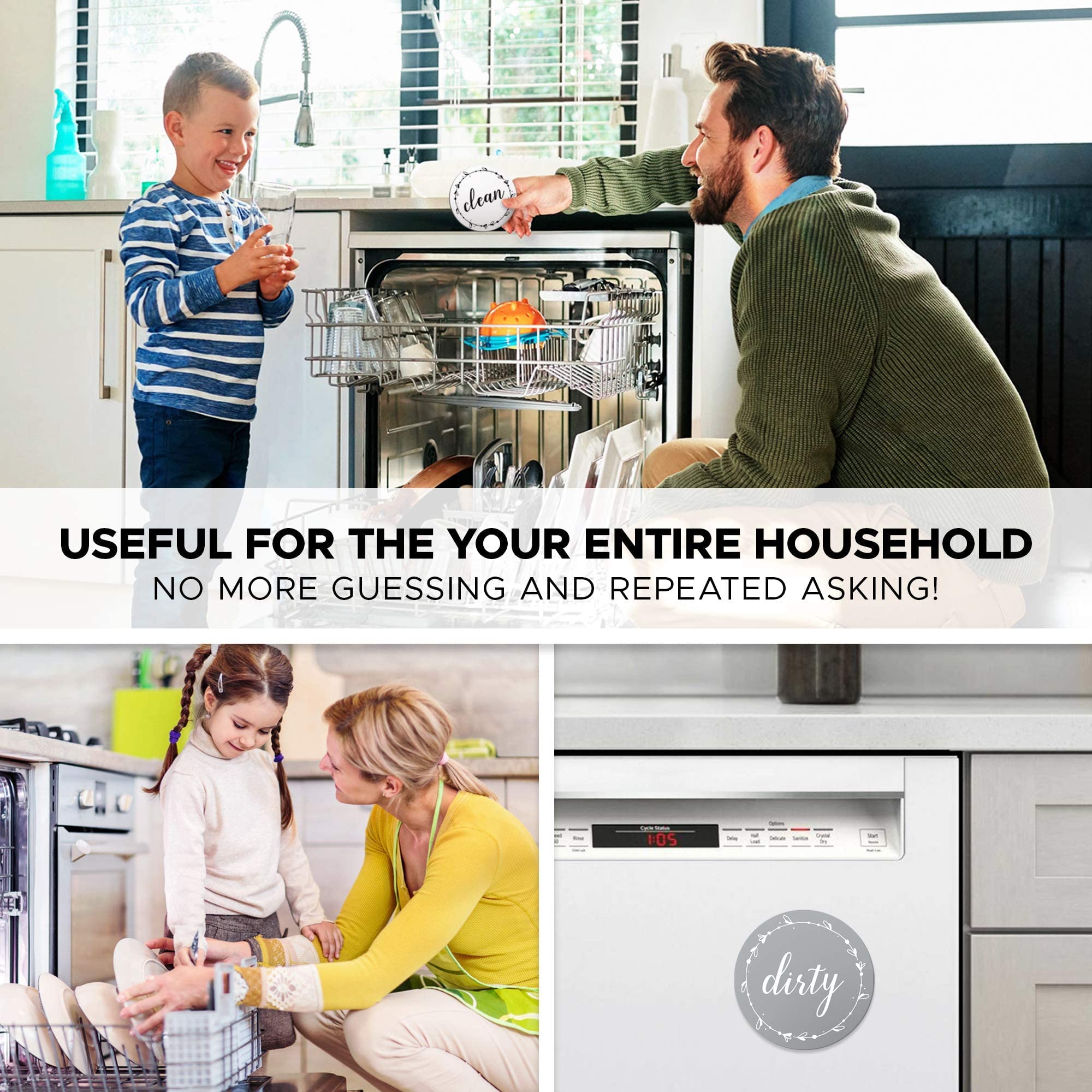 Dishwasher Magnet Clean Dirty Sign for Stainless Steel & Non-Magnetic Dishwashers - 3.15