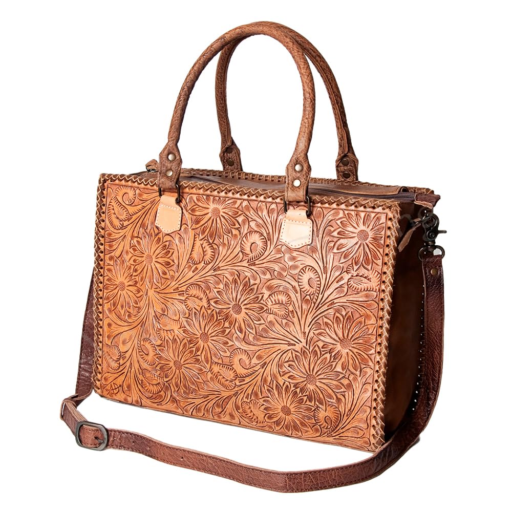 American Darling Briefcase - Genuine Leather Women's Western Handbag Purse, Hand-Tooled Design, Black - Perfect for Work, Travel & Cowgirl Fashion Accessories