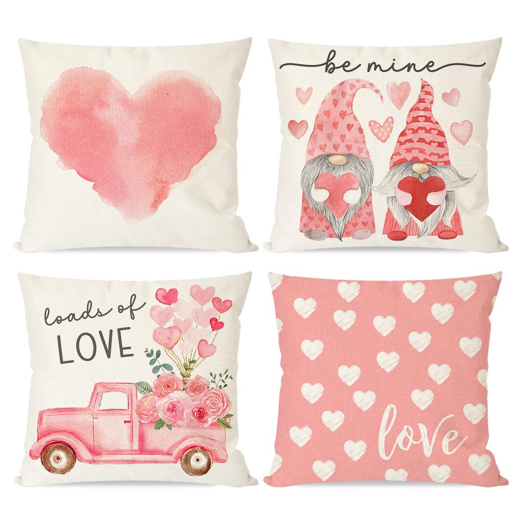 PANDICORN Pink Valentine's Day Pillow Covers 18x18 Inch Set of 4 - Gnome Heart Truck Love Be Mine Throw Pillow Cases for Couch, Sofa, Bedroom Decor - Perfect for Valentine's Day Gifts, Home Decorations & Romantic Indoor/Outdoor Use